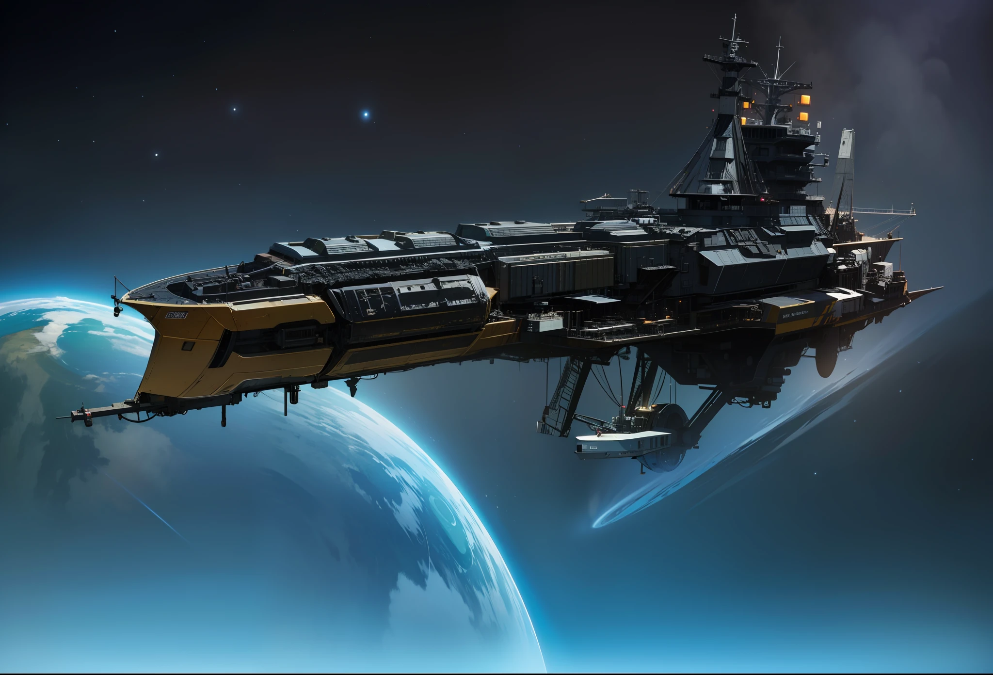 Um nave espacial de batalha, She's sturdy and crude, of pure steel, realista, detalhada, melhor qualidade, 8k ultra hd