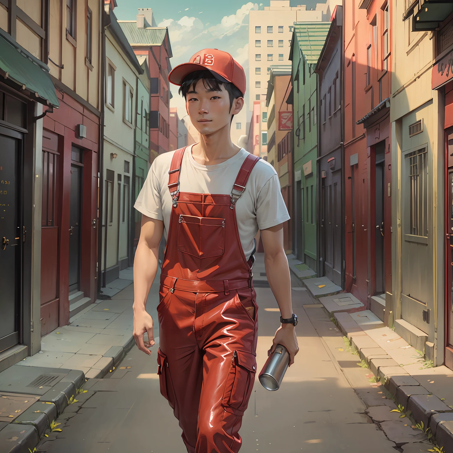 1 Chinese man,Red overalls top,red baseball cap,ssmile,Toolbox in hand,Live model,Realistic poster style,looking at viewert,full bodyesbian,Walk on the high-rise road,夏天,strong lights --auto