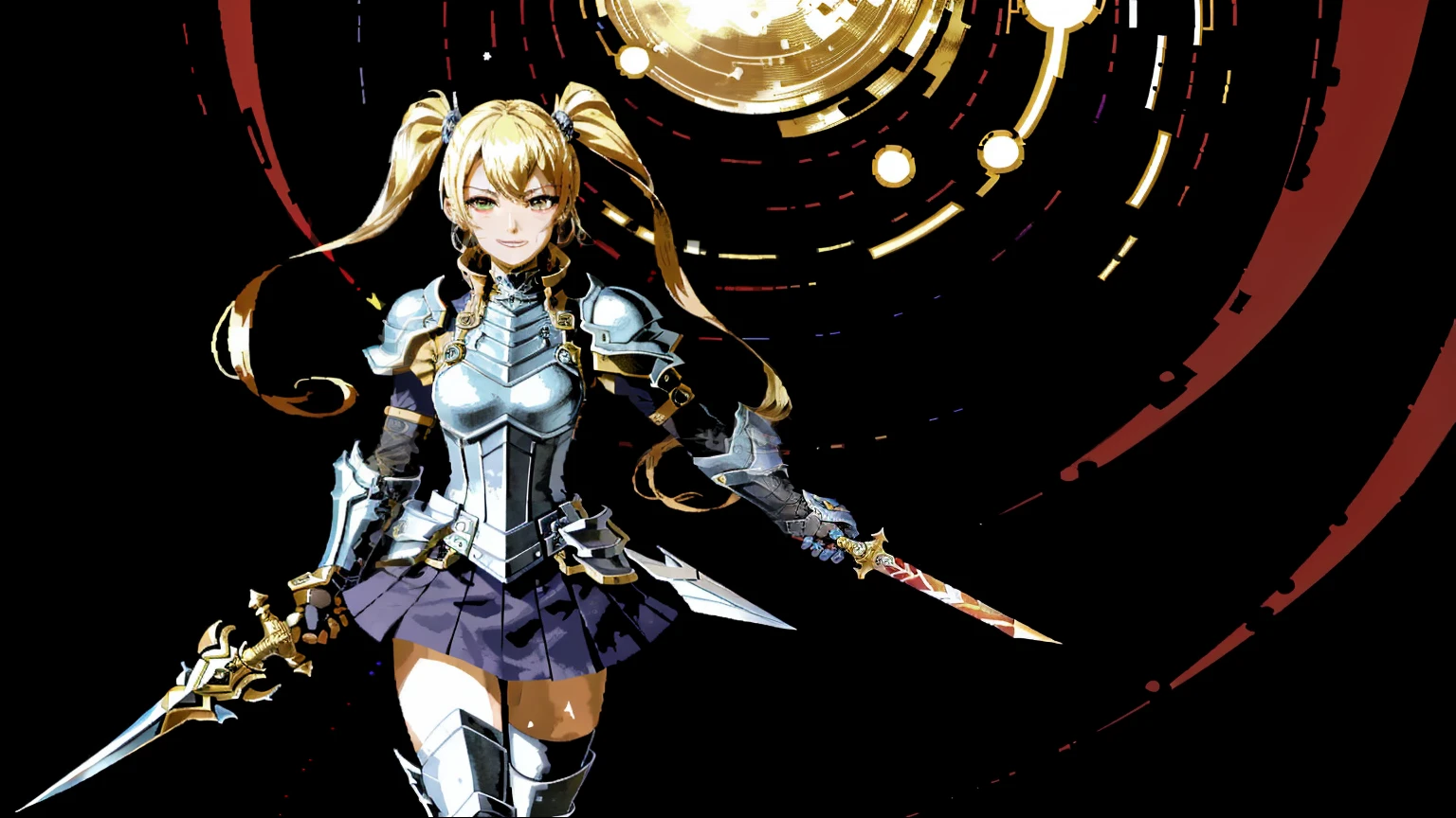 sword holding, ,Blonde twintails, Red Eyes,Sword, leather armor, Skirt, long boots,Confident smile, Dark Fantasy,Dynamic Poses,Perfect Anatomy, Centered, liberta, souls, Approach to perfection,Dynamic, Highly detailed, Beautiful anime painting,8K,Japanese anime character, ,masutepiece,graffiti paint,Fine detail, full of colour,intricate detailes,golden ratio illustrations,Hell Background