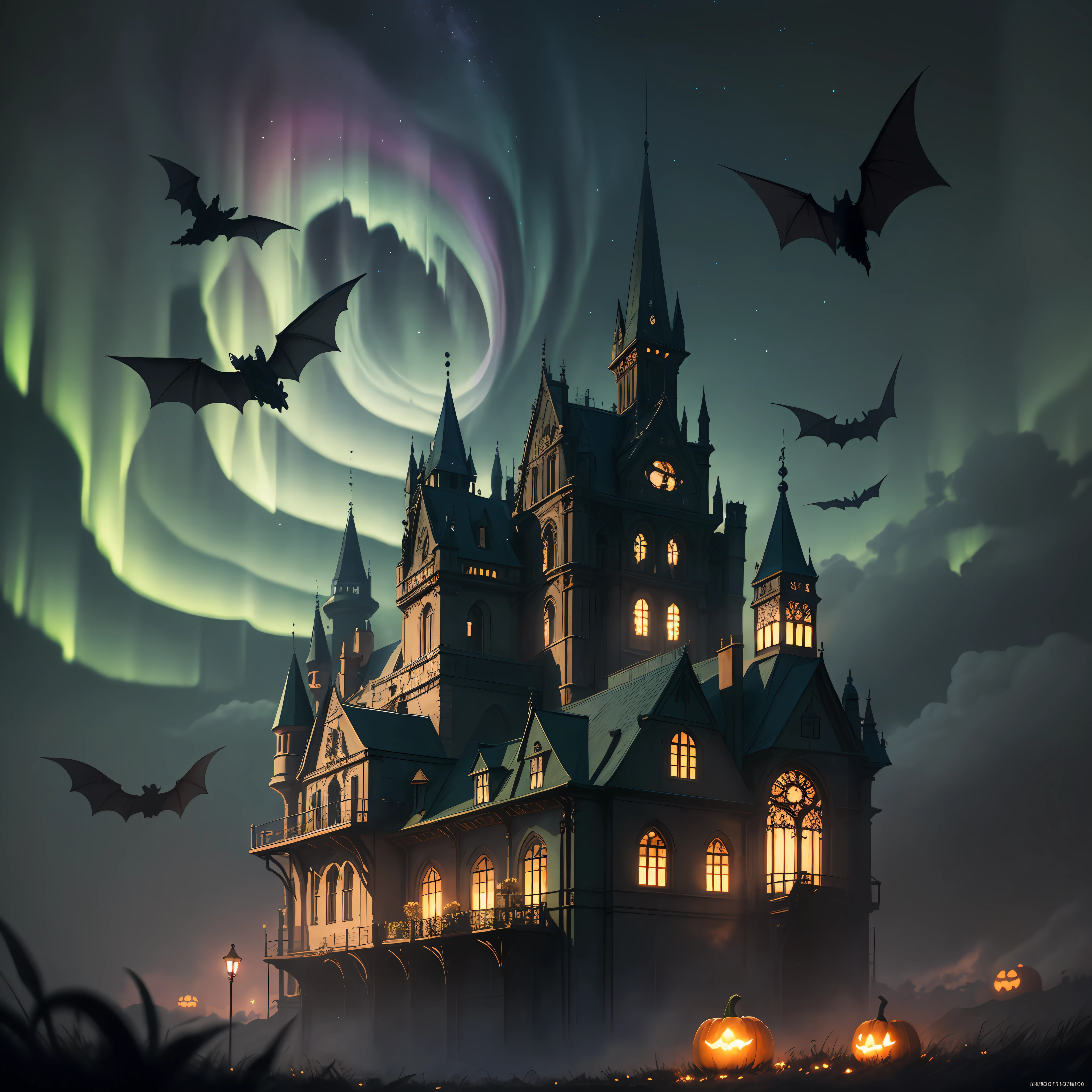 conceptual art, Gothic art, Ray tracing, Sparkle, Ultra-wide angle, kanon, f/4.0, hyper HD, 巨作, Best quality, A high resolution, Award-Awarded, 16k,Alchemy,steampunc,the bats,dreamy sky,Light green clouds,pumpkins,Green aurora