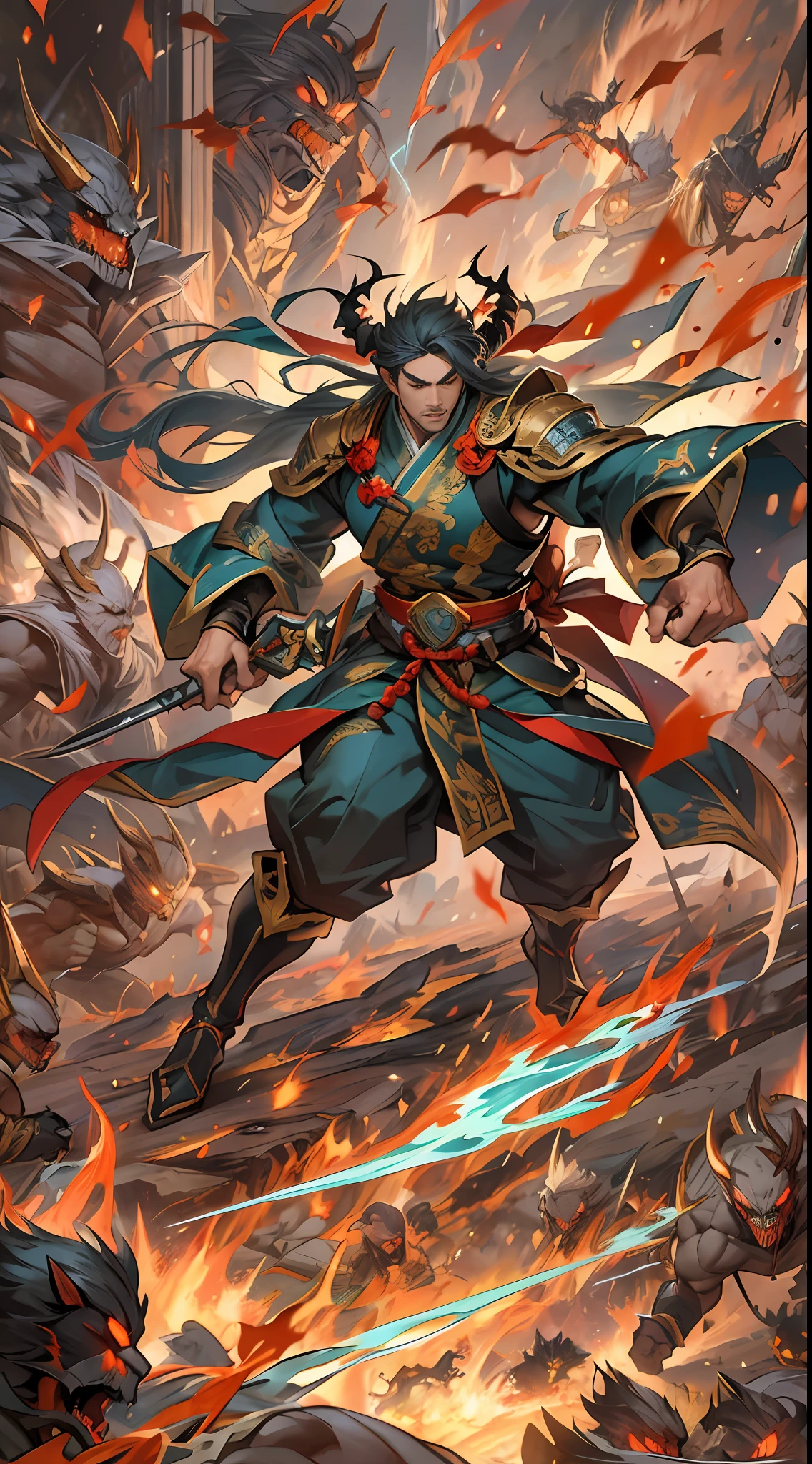 Li Gu demonstrates his terrifying power in the battle, defeating the forces of the Ten Thousand Demon League and the Unity Sect, Li Gu moves like lightning, wielding his weapon with destructive attacks, soldiers of the Ten Thousand Demon League and the Unity Sect are fragile in front of him, unable to withstand his terrifying power, , 32k, best quality, masterpiece, super detail, high details