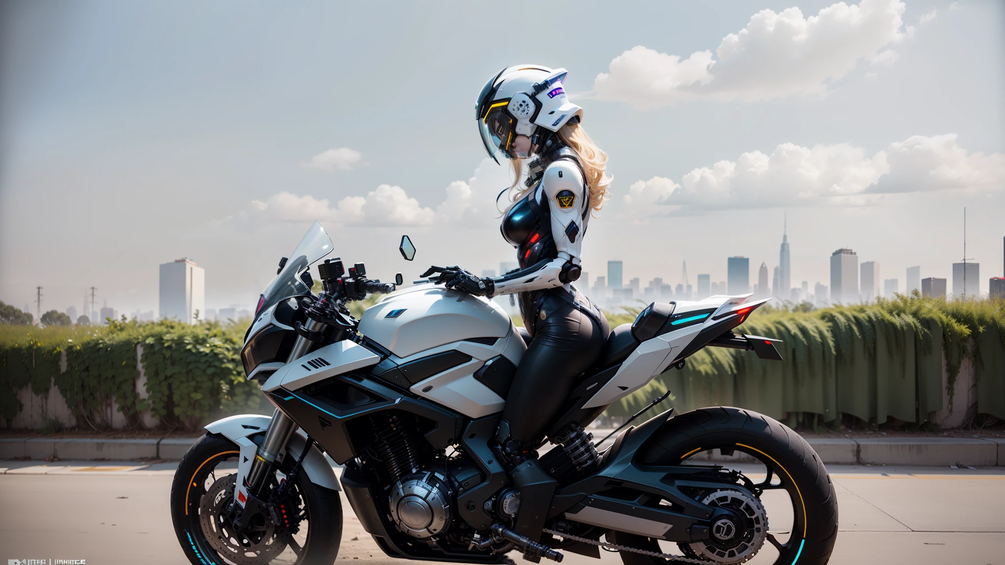 Sexy Cyber Warrior,Long flowing blonde hair,White cyberpunk high-tech mech costume,White cyberpunk faceless helmet,Biomechanicals, MSHN Robot Woman,High-tech helmet,hyper realisitc, Steel, Complex design, insanely details, finely detailled, Extremely clear lines, cinmatic lighting, photograph realistic, A detailed masterpiece