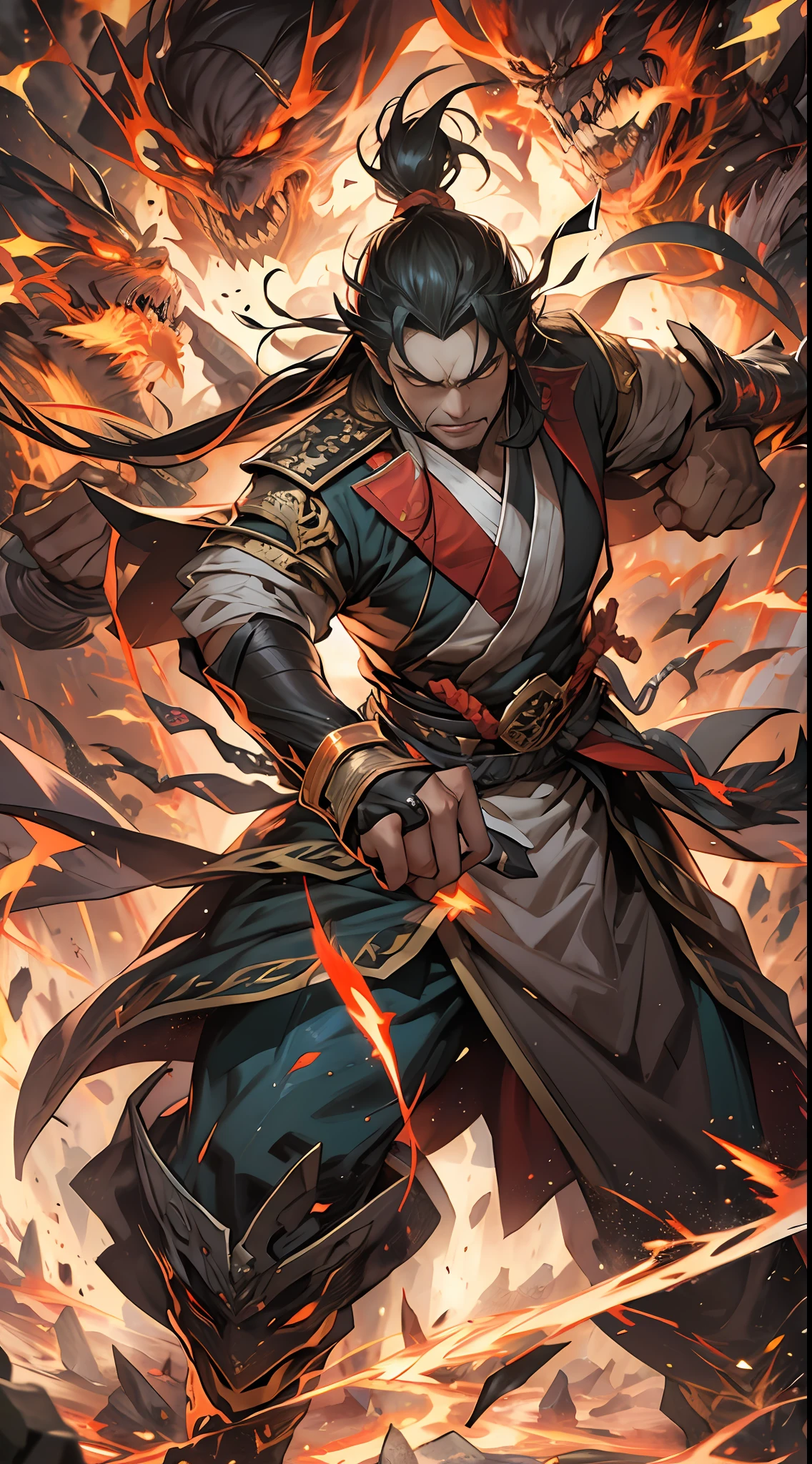 Li Gu demonstrates his terrifying power in the battle, defeating the forces of the Ten Thousand Demon League and the Unity Sect, Li Gu moves like lightning, wielding his weapon with destructive attacks, soldiers of the Ten Thousand Demon League and the Unity Sect are fragile in front of him, unable to withstand his terrifying power, , 32k, best quality, masterpiece, super detail, high details