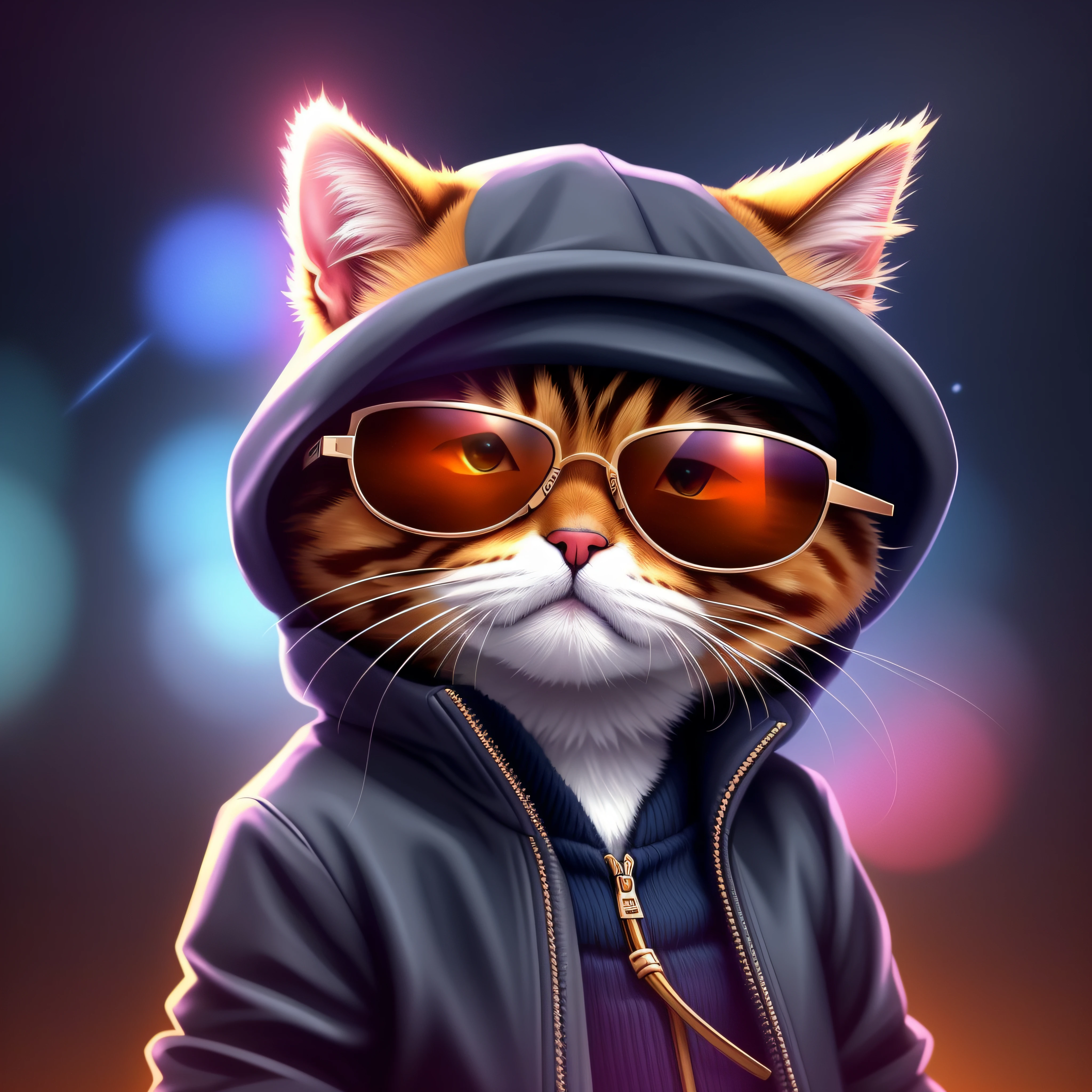 A closeup of a cat wearing sunglasses and a jacket, olhando heckin legal e elegante, painting digital adorable, gato cyberpunk, arte digital bonito, papel de parede de alta qualidade, awesome cat, papel de parede hd, high quality desktop wallpaper, arte digital detalhada bonito, papel de parede do telefone hd, papel de parede de alta qualidade, papel de parede do telefone hd, paper awesome wallpaper, papel de parede 4k, papel de parede 4K