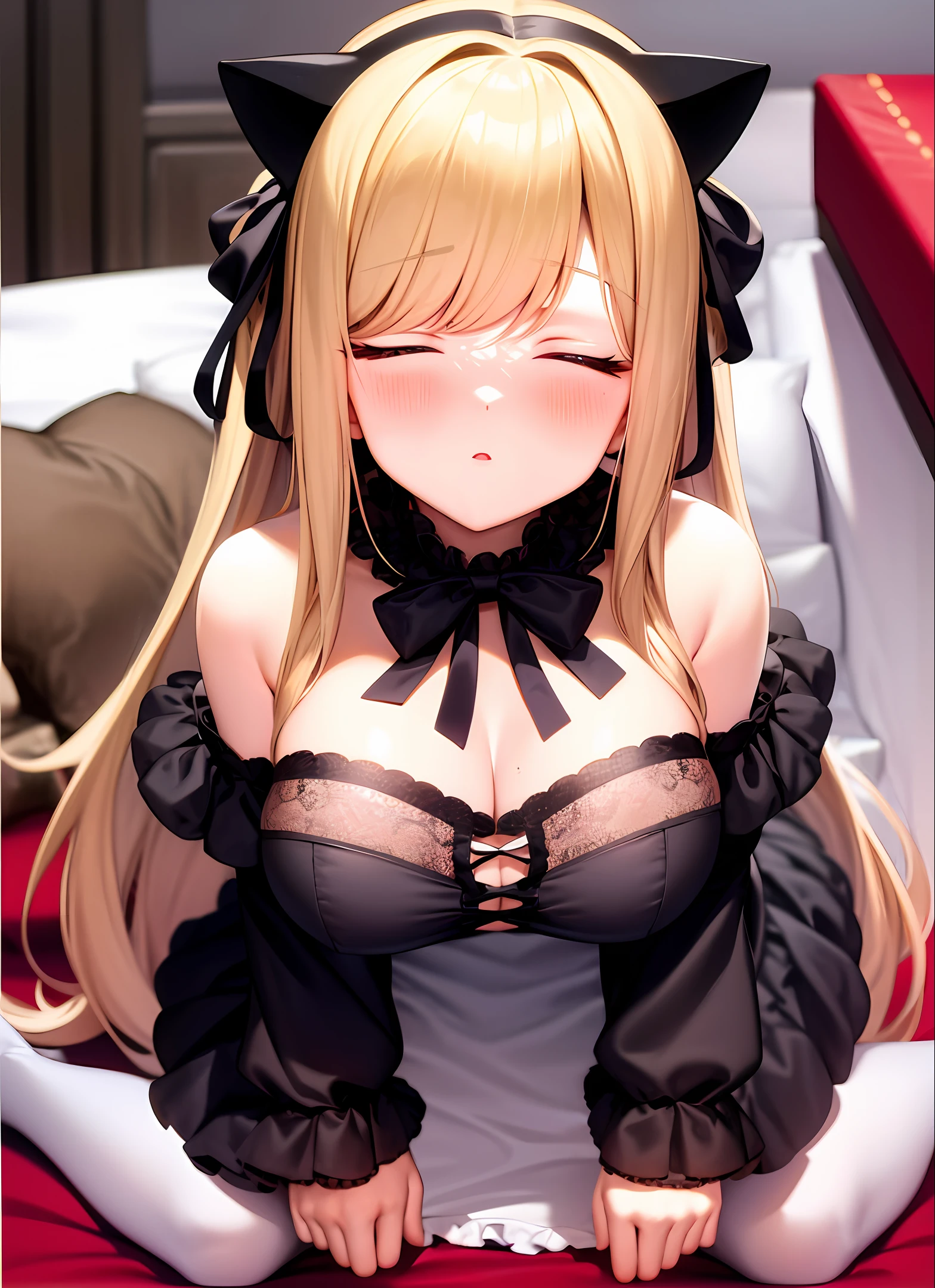 Girl Cat Ears Quadratic White & Green Drunk Bed Blushing Half Nude Wet Bedroom