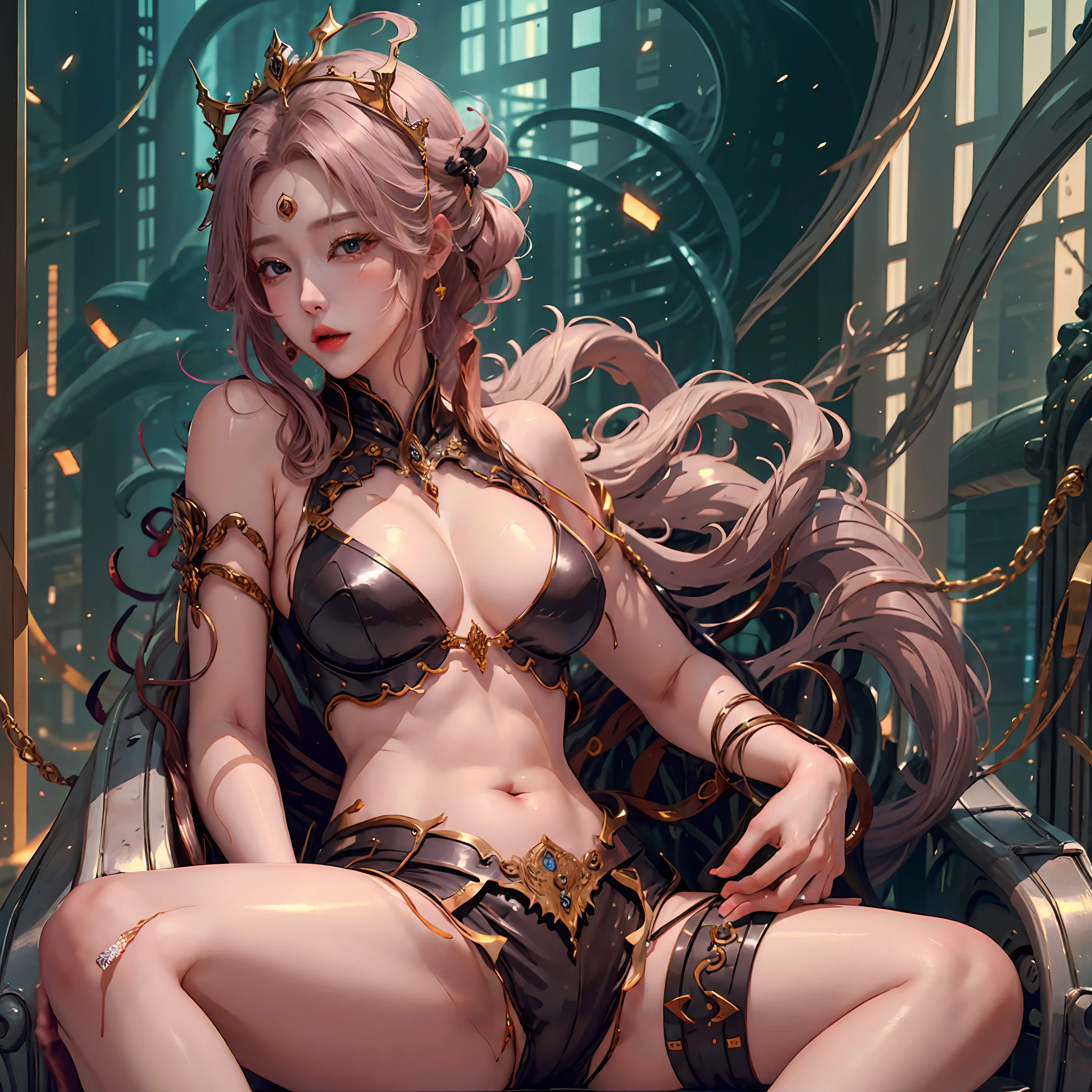 Sexy woman sitting on throne wearing a crown,spread their legs,seminude,with fair skin,熟女 熟妇,Full breasts,style of anime,no clothes are worn,Charming,Raised chest, --auto