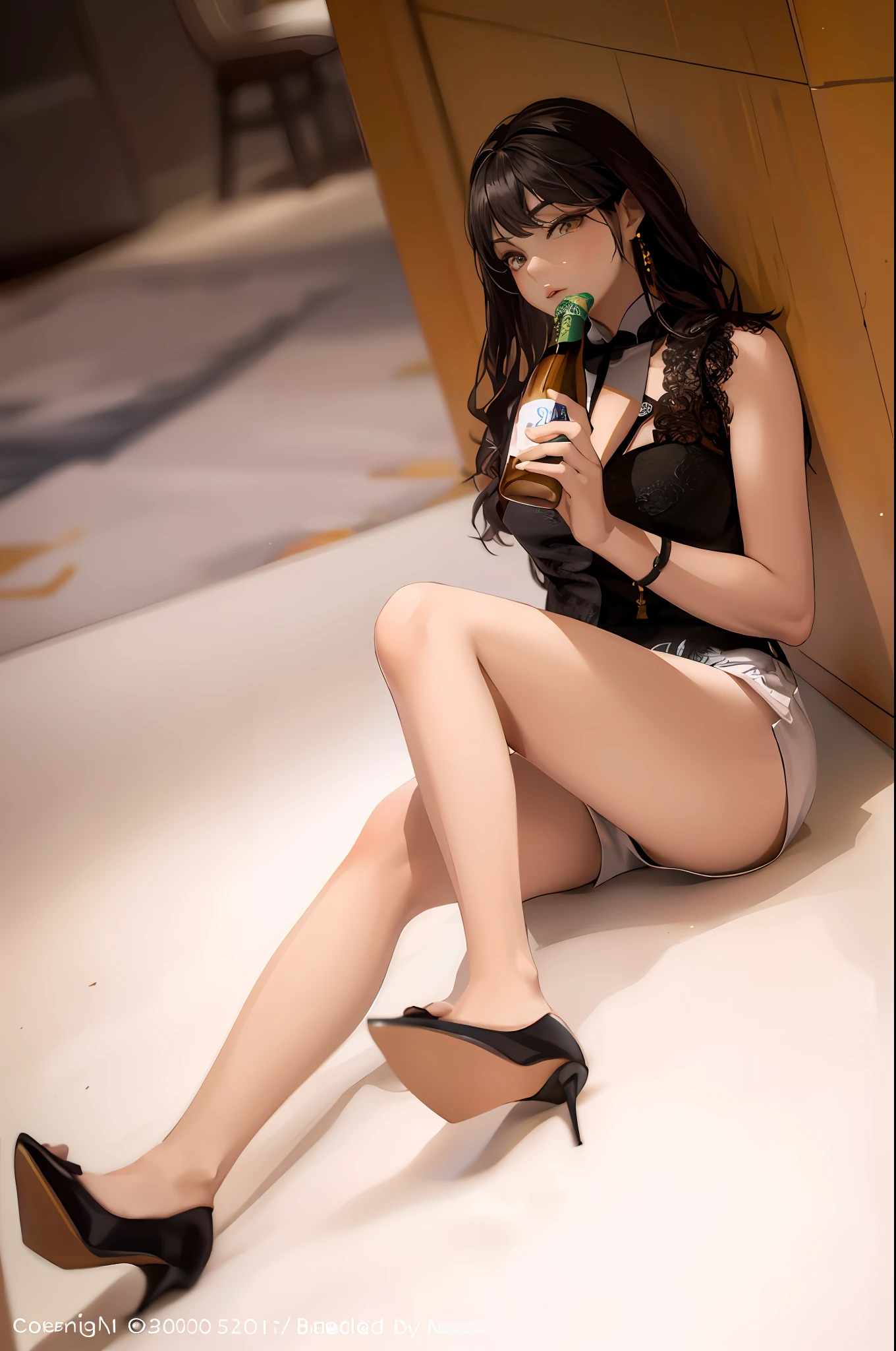 The Aravi woman sat on the floor，Holding a bottle of beer in his hand, photo of slim girl model, photo of slim girl, gorgeous chinese models, Very seductive pose, jia, drinking a drink, shaxi, full-body xianxia, Sexy girl, she holds a glass of wine, full body potrait holding bottle, ultrarealistic sweet bunny girl, Asian girl