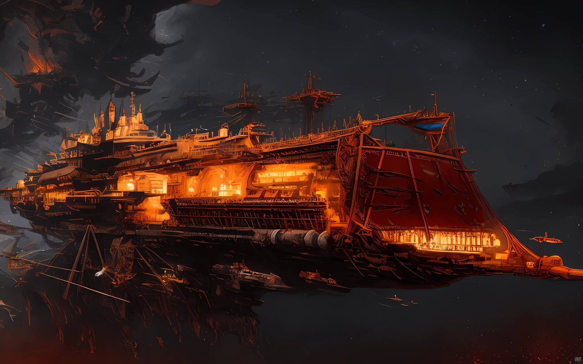 Uma nave robusta, red steel color, It is huge and full of cannons, realista, real, melhor qualidade