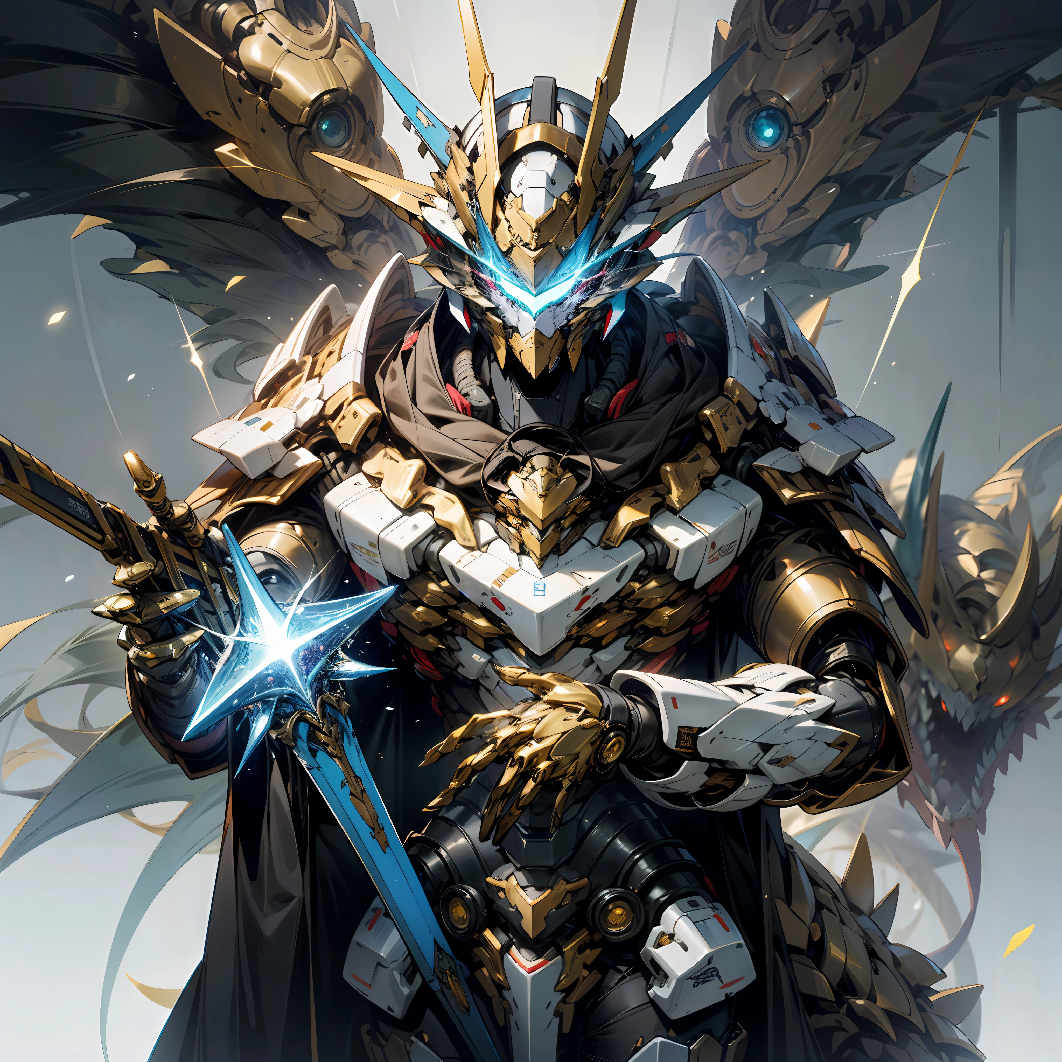 of a guy,Dressed in mecha clothes,Mecha is cool, The main color is gold,The chest is set with blue gemstones,Shine brightly,He wears a mecha helmet,Through the helmet, the eyes flashed red,Holding a blue rapier in his hand, the background is a golden mecha dragon with its mouth wide open。