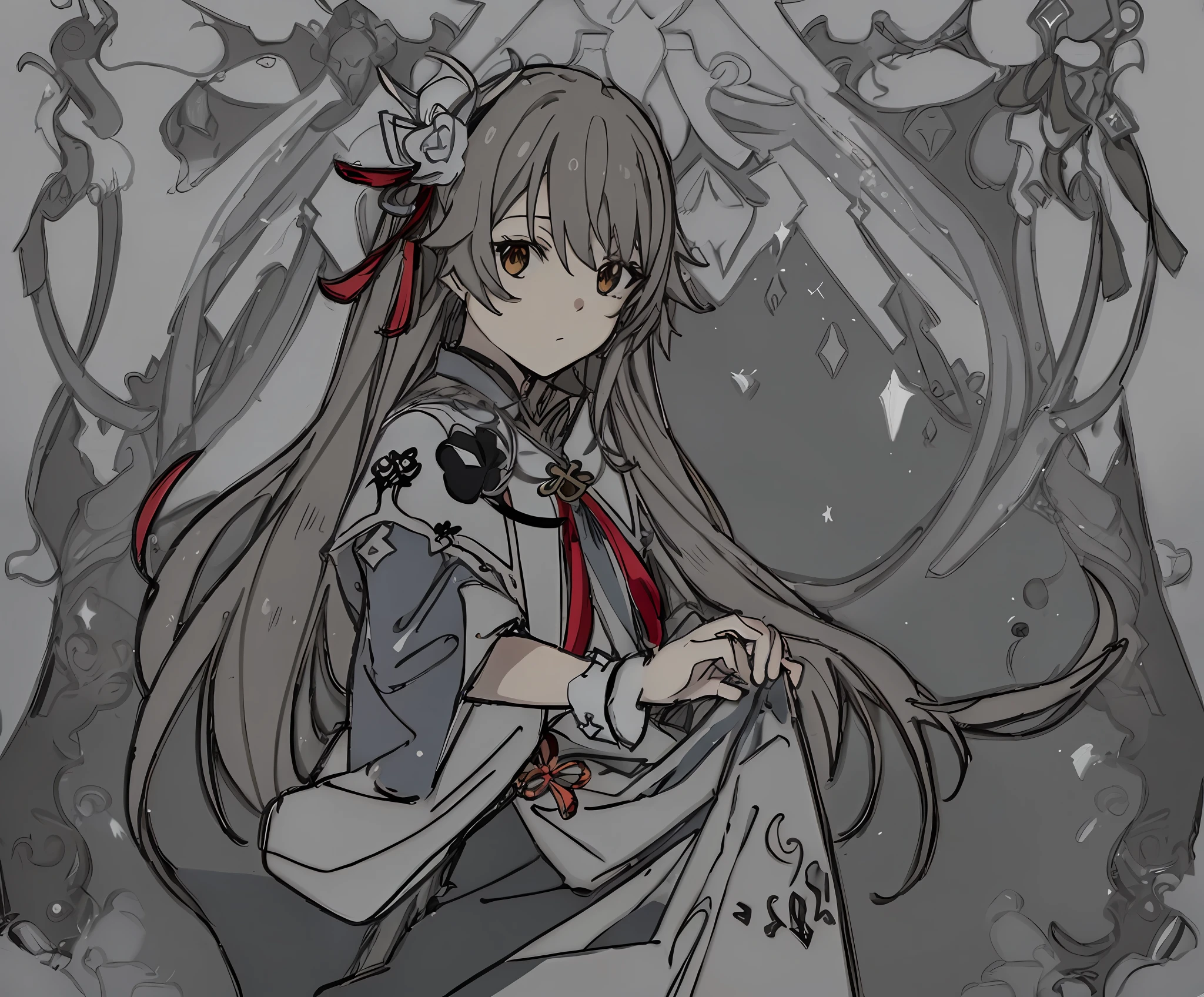 Draw a brunette hair，long hair girl, anime sketch, an anime drawing,Anime Paintings, anime shading), no shade, anime shading, flat anime style shading, asuna from sao, Marin Kitagawa fanart, Ayaka Genshin impact, old sketch, anime style drawing, loose pencil sketch, Keqing from Genshin Impact，Don't color too brightly，Clothes gray to white，Draw your hand again, let go of your clothes，The background has color