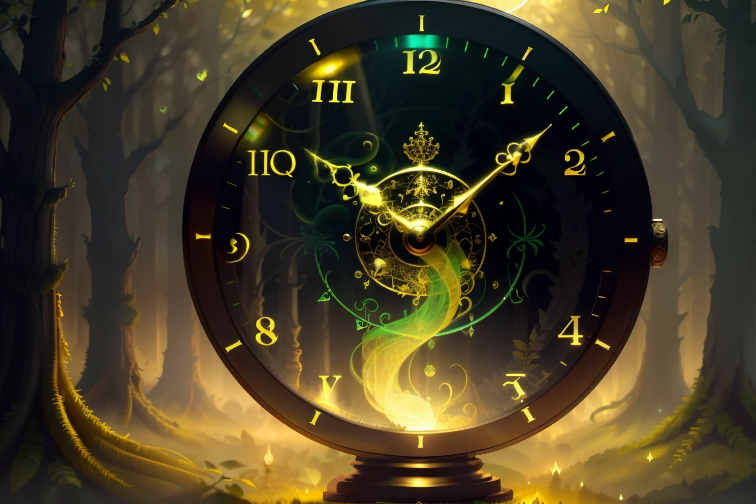 photo of a large hand holding an antique gold watch, flores, magia-fantasia-floresta, arte digital, most amazing art in the world, ((sem humanos)), Light Volumetric, cores suaves equilibradas, forest scenario, videiras, uhd, render de octanas 8k, magica, Awesome, ethereal, intrincado, design intrincado, ultra sharp, sombras, cores mais frias, trend in CGSociety, ((melhor qualidade)), ((obra-prima)), (detalhado), Antique clock