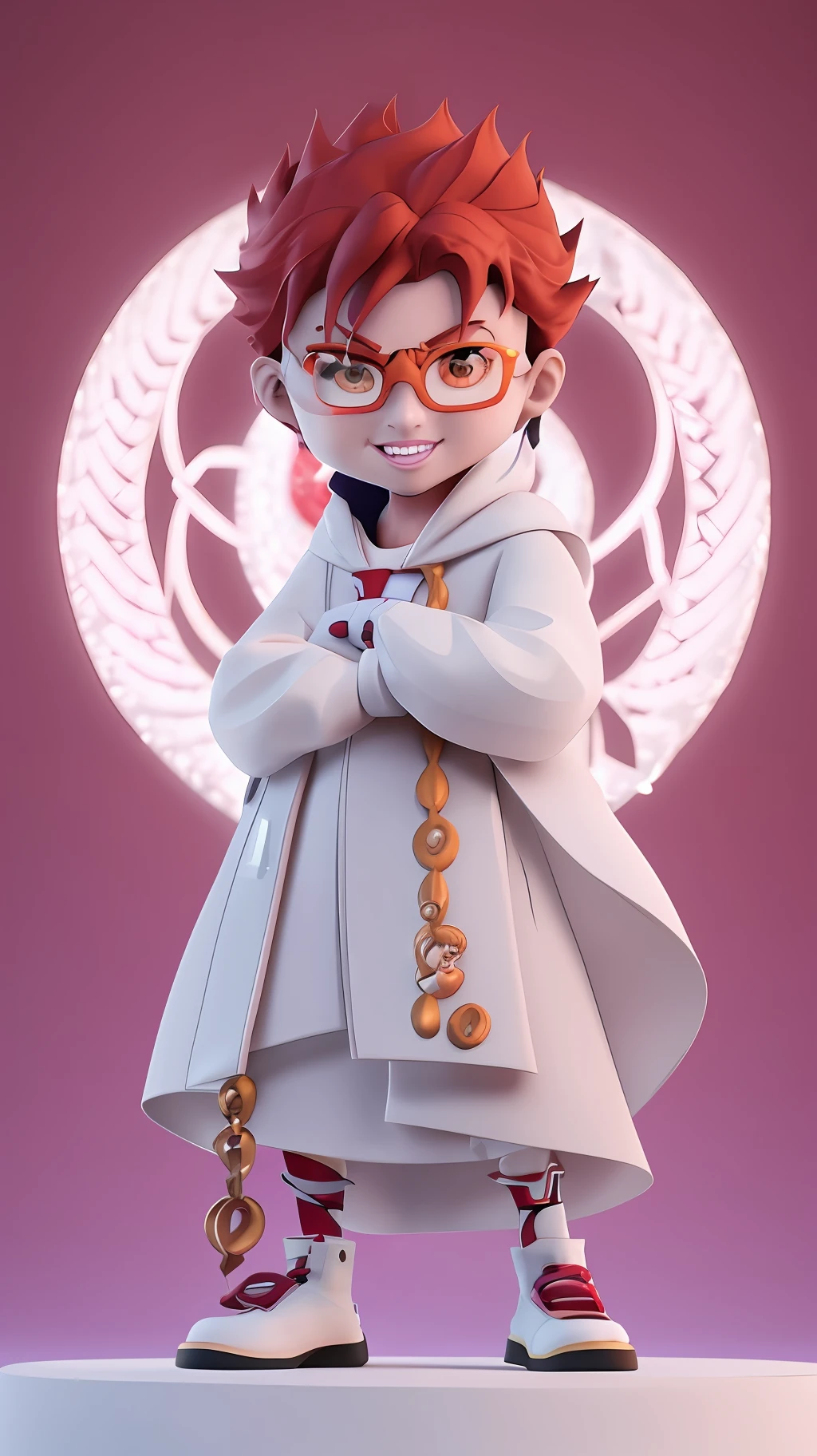Anime characters with red hair and glasses standing in front of circular background, anime styled 3d, Stylized anime, demon slayer rui fanart, Anime Stylization, anime style character, pop japonisme 3 d ultra detailed, Anime style. 8K, 3 d render stylized, handsome japanese demon boy, 3 D rendering character art 8 K, demon slayer artstyle