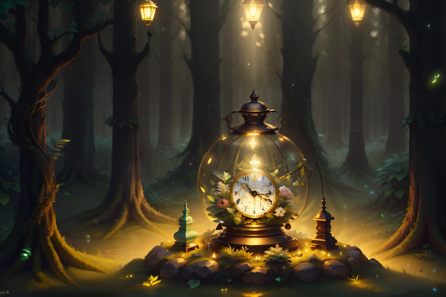 photo of a large hand holding an antique gold watch, flores, magia-fantasia-floresta, arte digital, most amazing art in the world, ((sem humanos)), Light Volumetric, cores suaves equilibradas, forest scenario, videiras, uhd, render de octanas 8k, magica, Awesome, ethereal, intrincado, design intrincado, ultra sharp, sombras, cores mais frias, trend in CGSociety, ((melhor qualidade)), ((obra-prima)), (detalhado), Antique clock