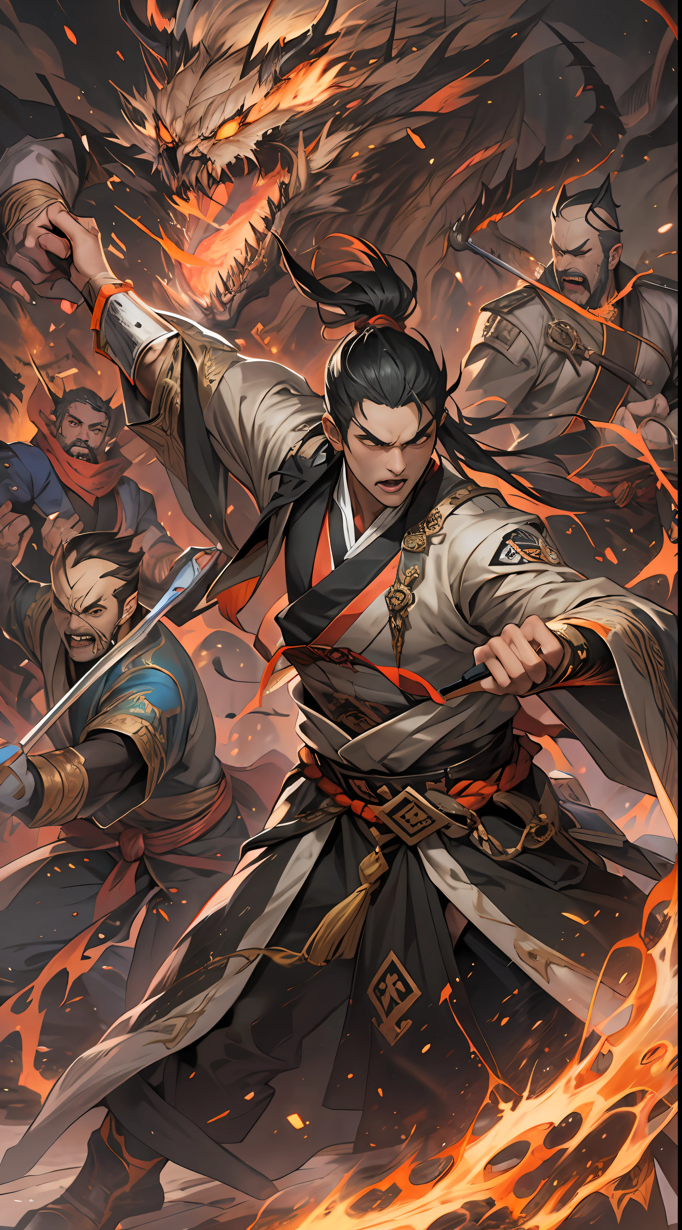 Li Gu demonstrates his terrifying power in the battle, defeating the forces of the Ten Thousand Demon League and the Unity Sect, Li Gu moves like lightning, wielding his weapon with destructive attacks, soldiers of the Ten Thousand Demon League and the Unity Sect are fragile in front of him, unable to withstand his terrifying power, , 32k, best quality, masterpiece, super detail, high details