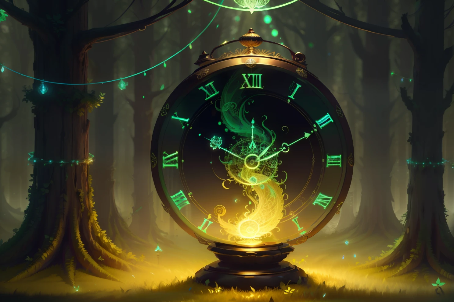 photo of a large hand holding an antique gold watch, flores, magia-fantasia-floresta, arte digital, most amazing art in the world, ((sem humanos)), Light Volumetric, cores suaves equilibradas, forest scenario, videiras, uhd, render de octanas 8k, magica, Awesome, ethereal, intrincado, design intrincado, ultra sharp, sombras, cores mais frias, trend in CGSociety, ((melhor qualidade)), ((obra-prima)), (detalhado), Antique clock
