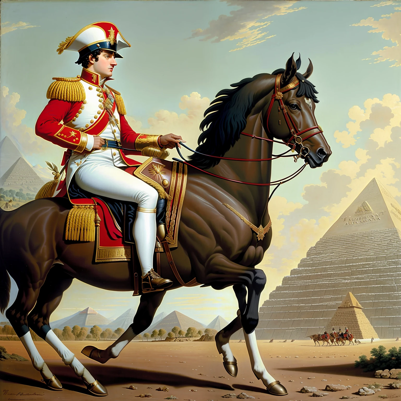 painting of Napoleon Bonaparte in uniform riding a horse in front of a pyramid, napoleon, napoleonic, inspired by Horace Vernet, by Horace Vernet, neoclassical paintings, dressed like napoleon bonaparte, by Antoine Ignace Melling, napoleonic wars, cheval michael, napoleon crossing the alps, claude joseph vernet, jack nicholson as napoleon