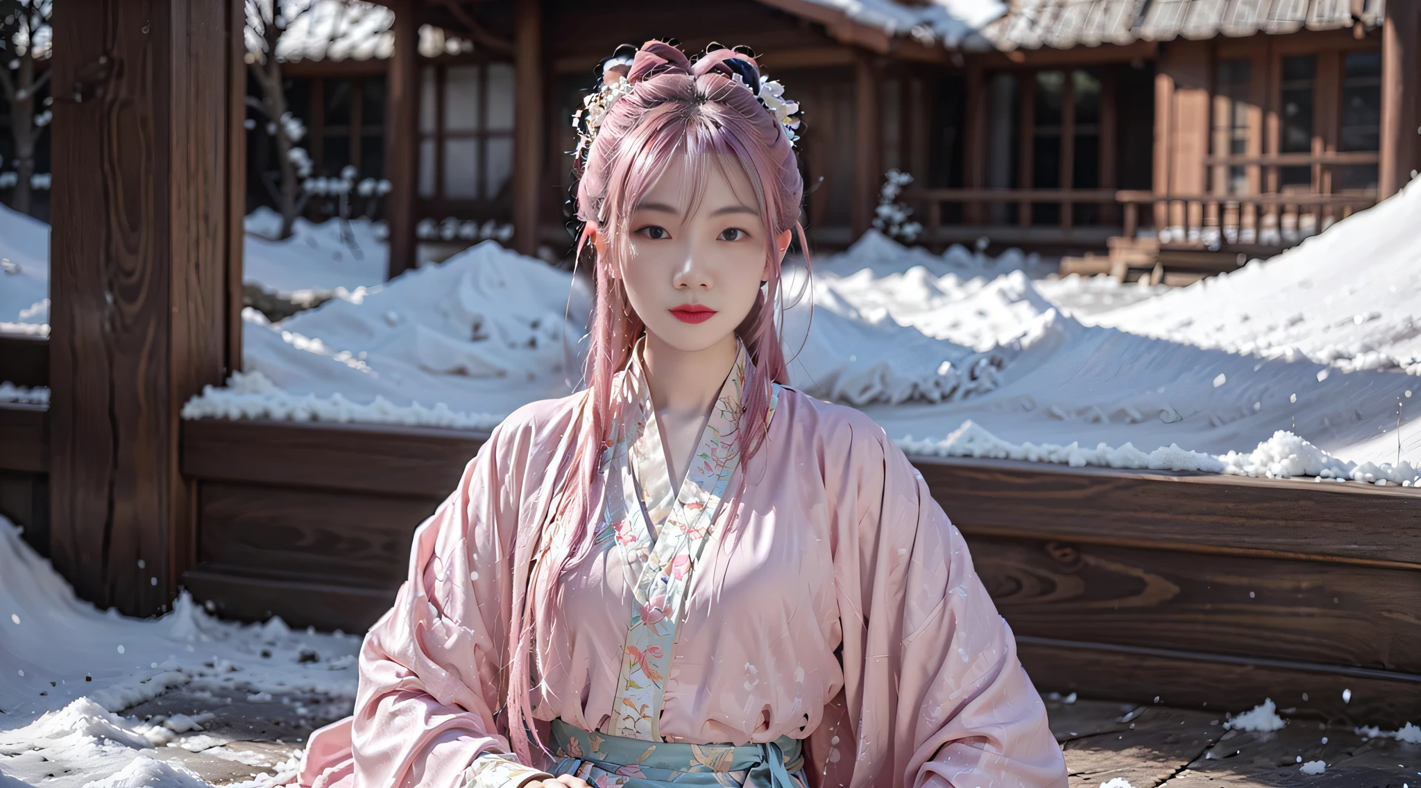 Woman in pink kimono sitting on a bench in the snow, Hanfu, Palace , A girl in Hanfu, White Hanfu, sakimichan, komono, Wearing ancient Chinese clothes, Japanese clothes, belle delphine, with acient chinese clothes, komono, Anime girl cosplay, Japanese goddess, Traditional Chinese clothing, in a kimono, japanese-inspired