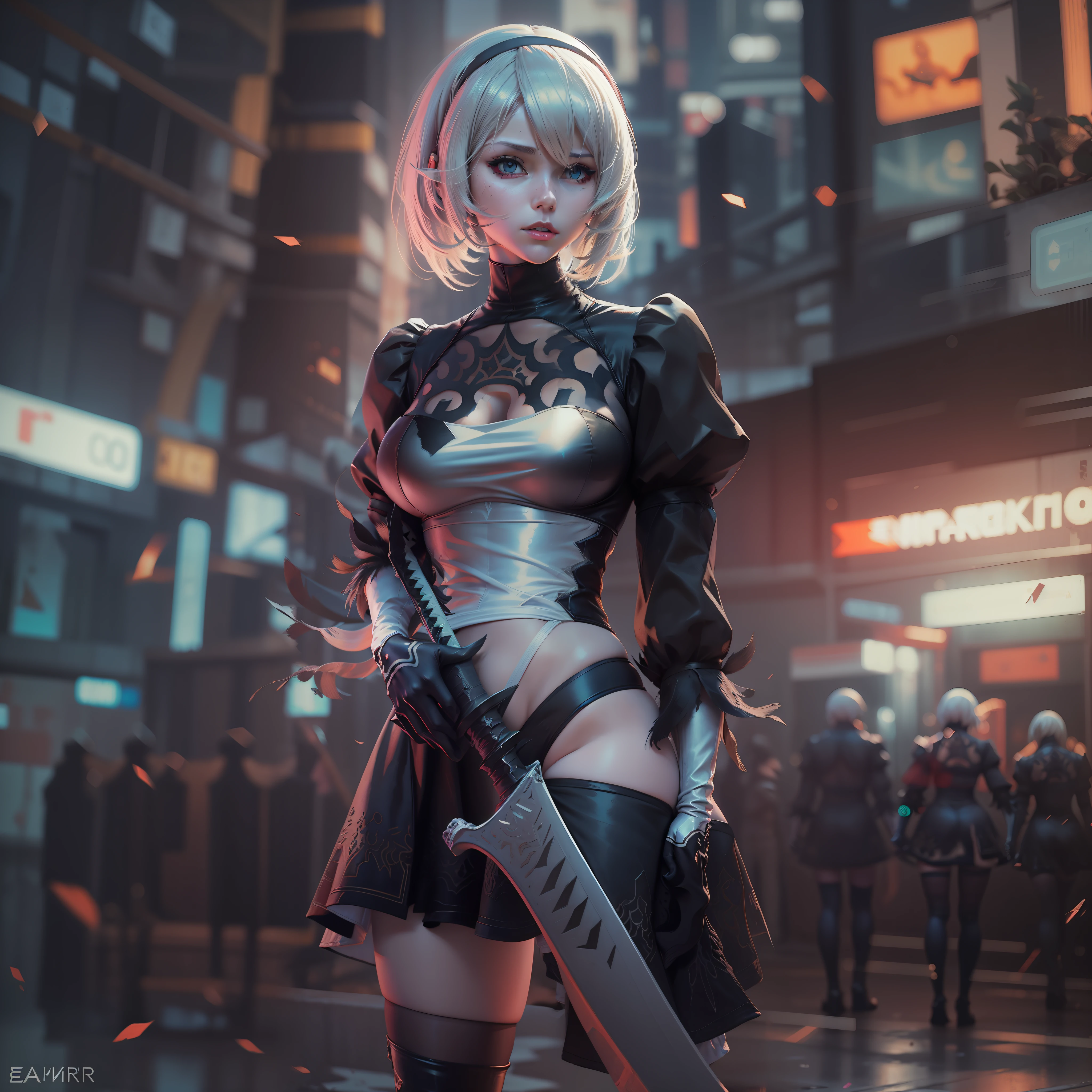 2b nier automata, Yorha Modelo 2, cana, Falda muy, muy corta, ultra realista, kinematics, ultra detallado, Chica de anime con espada y espada en la ciudad por la noche, Anime Arte cyberpunk, Arte digital cyberpunk anime, arte de anime cyberpunk, Cyberpunk futurista neo, Anime cyberpunk moderno, Digital Cyberpunk - Arte Anime, estilo de arte cyberpunk, Chica de anime cyberpunk, Anime Cyberpunk, cyberpunk themed art, Chica femenina de anime cyberpunk, cyberpunk 2 0 y. o Chica modelo, Arte digital cyberpunk, Cyberpunk anime chica mecha