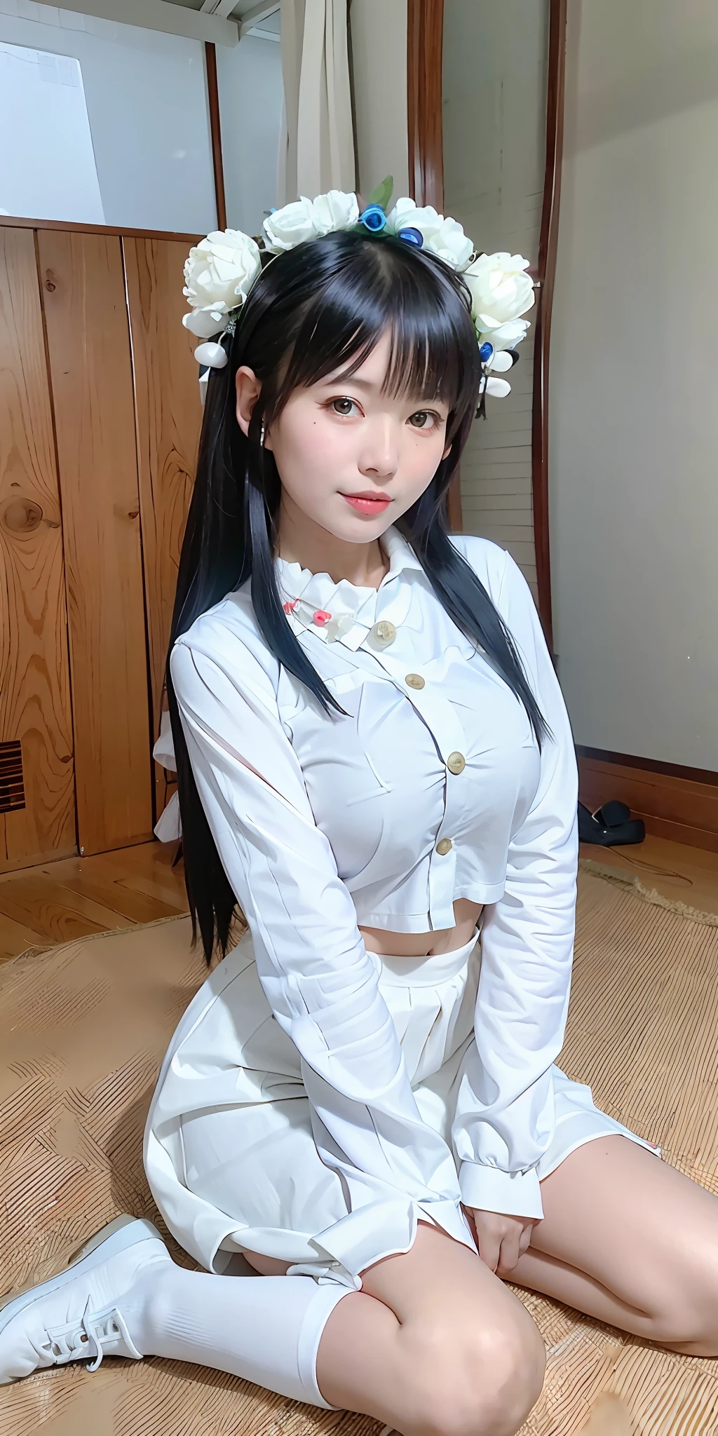 Asian Girl Japan,25 age old,One guy,dual horsetail,nedium breasts(medium breasts1.7)perfect body figure,Wearing JK clothing,pleatedskirt,校服(shirt),Calf white socks,Wear Japanese black low heeled small leather shoes vintage loafers women's platform JK uniform shoes,head gear(Flower tulip bow hairpin woman sweet sen tie hairpin summer trendy headdress),realisticlying,hyper HD,photore,naturey,and harmonious,Sweet girl,The face is clear,Room within the bedroom(japanese-inspired),standing on your feet,ssmile,Quiet
