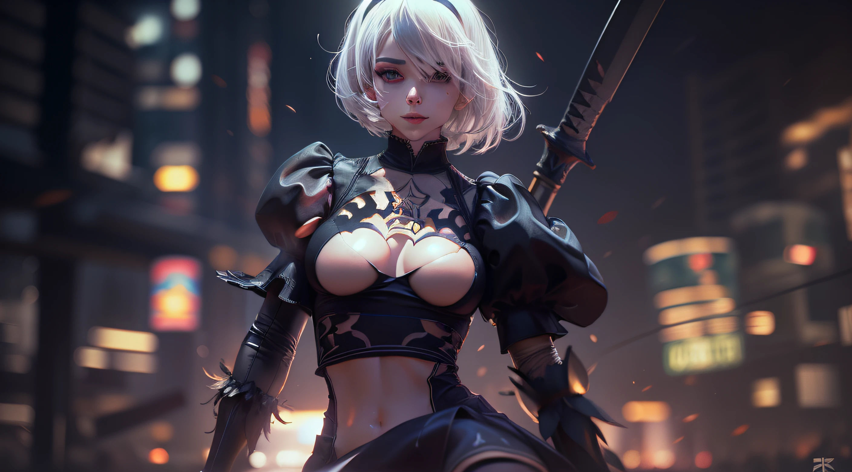 2b nier automata, yorha model 2, white hair, very very short skirt, ultra realista, cinemactic, 8k ultra detallado, desert city at night, smile, Chica de anime con espada y espada en la ciudad por la noche, Anime Arte cyberpunk, Arte digital cyberpunk anime, Arte de Anime Cyberpunk, Cyberpunk futurista neo, Anime cyberpunk moderno, Digital Cyberpunk - Arte Anime, Estilo de arte cyberpunk, Chica de Anime Cyberpunk, Anime Cyberpunk, cyberpunk themed art, Chica femenina de Anime Cyberpunk, cyberpunk 2 0 y. o Chica modelo, Arte digital cyberpunk, Cyberpunk anime chica mecha