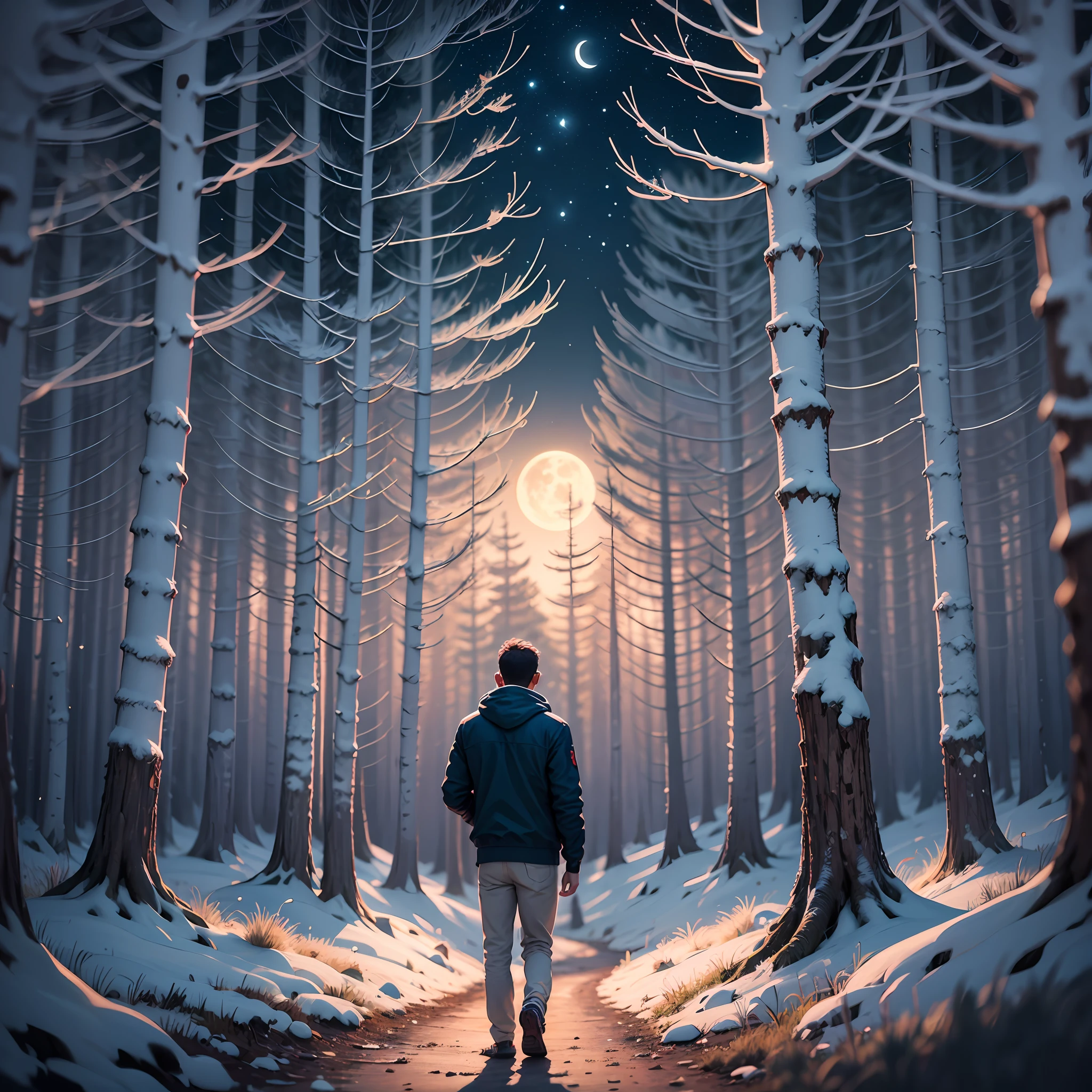 Deep in the dark forest, A young man looks into the distance alone, Usher in a clear moonlight 4K vista --auto