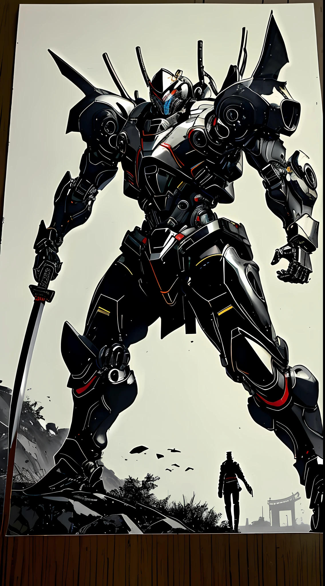 ((black and white line art)),1人, Ghost masks, dynamicposes, Cybernetic samurai armor, Robotic arm, scientific fiction, A glowing mech, Traditional Japanese style,Katana in hand,Combat posture,Negative space,动态照明,清晰的线条,hight contrast,hoang lap,best qualtiy,Negative space,urban backdrop,Perfectcomposition,Chiaroscuro composition