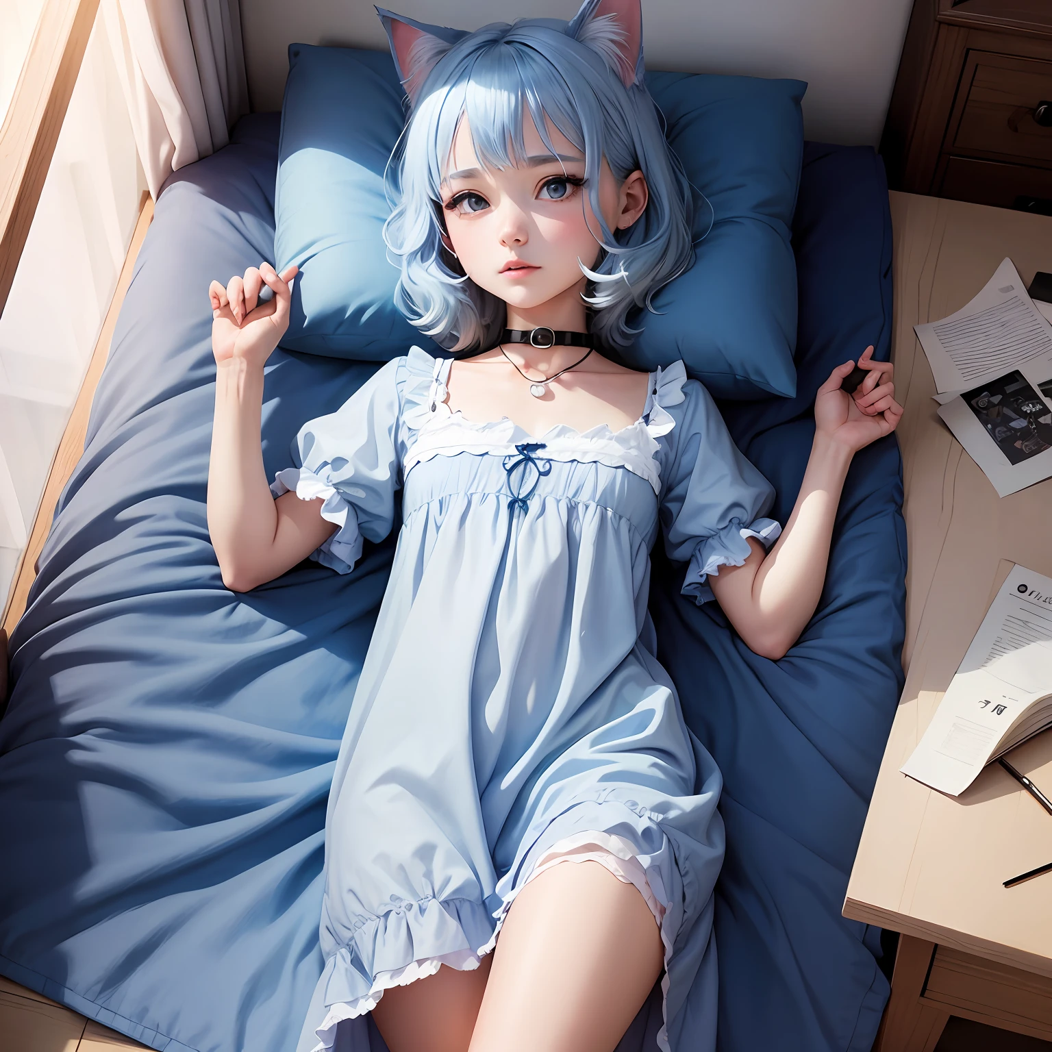Collar,Cat lady,Nightdress,coda,Sky blue hair --auto