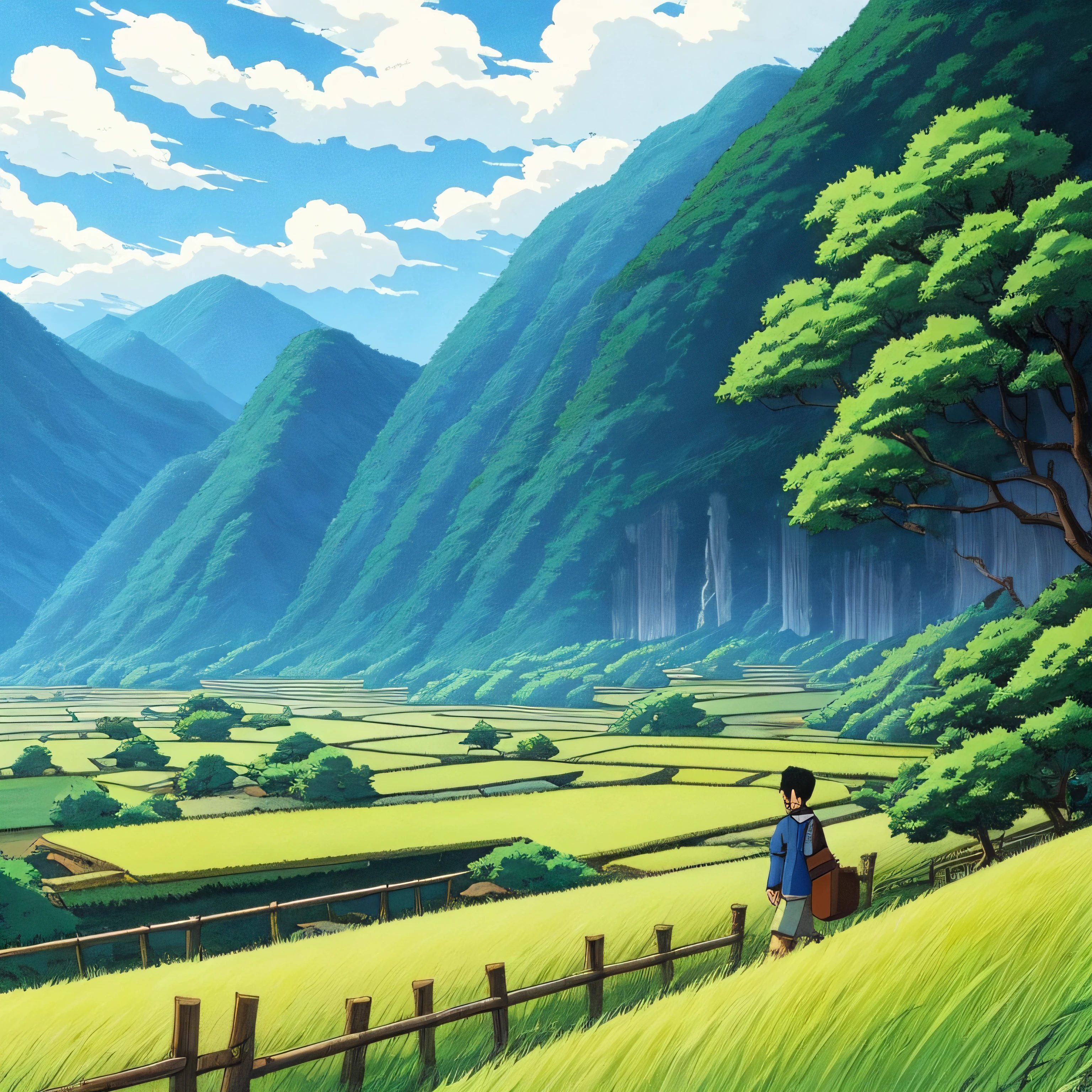 Background art、Oga Kazuo style touch、Yamamoto Nizo Wind's Touch、Ghibli anime drawings、Beautiful anime scenes in the countryside、Hayao Miyazaki's style、Skysky、handdraw --auto