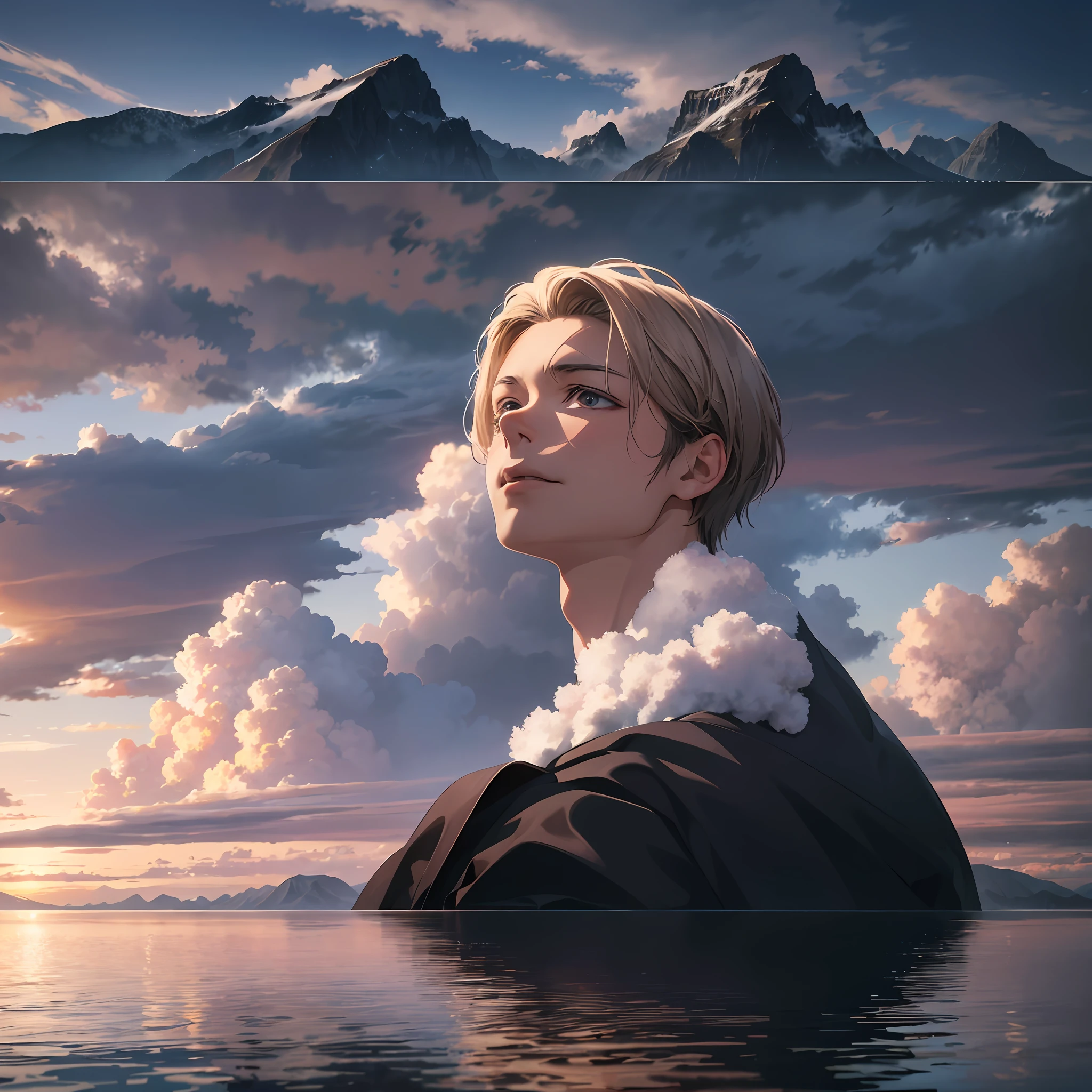 absurd, high resolution, (official art, beauty:1.2), close-up, brilliant sky, wide world, boy, gaze, awe-inspiring expression, distant horizon, clouds, mountains, natural beauty, inspiration, light effects,