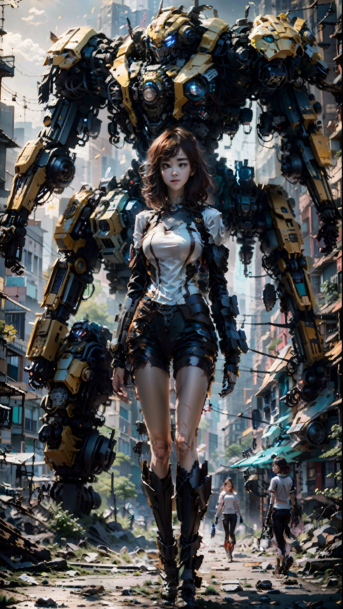 ((top-quality)), ((​masterpiece)), (high-detail:1.3), 3D,shitu-mecha, Beautiful cyberpunk woman with mech in the ruins of an abandoned war city, Ancient Technology,nffsw(HighDynamicRange),Ray traching,NVIDIA RTX,Hyper-Resolution,Unreal 5,Sub-surface scattering,PBR Texturing,Postprocess,Anisotropy Filtering,depth of fields,Maximum clarity and sharpness,multi-layer texture,Albedo and specular maps,Surface Shading,accurate simulation of light and material interactions,perfectly proportions,octane renderings,two tone lighting,Low ISO,White Balance,thirds rule,Wide aperture,8K Raw,Efficient Subpixel,sub-pixel convolution,Luminescent particles,light scattering,Tindall Effect、The girl is pictured nearby、Screen 2/A girl is shown in about 3