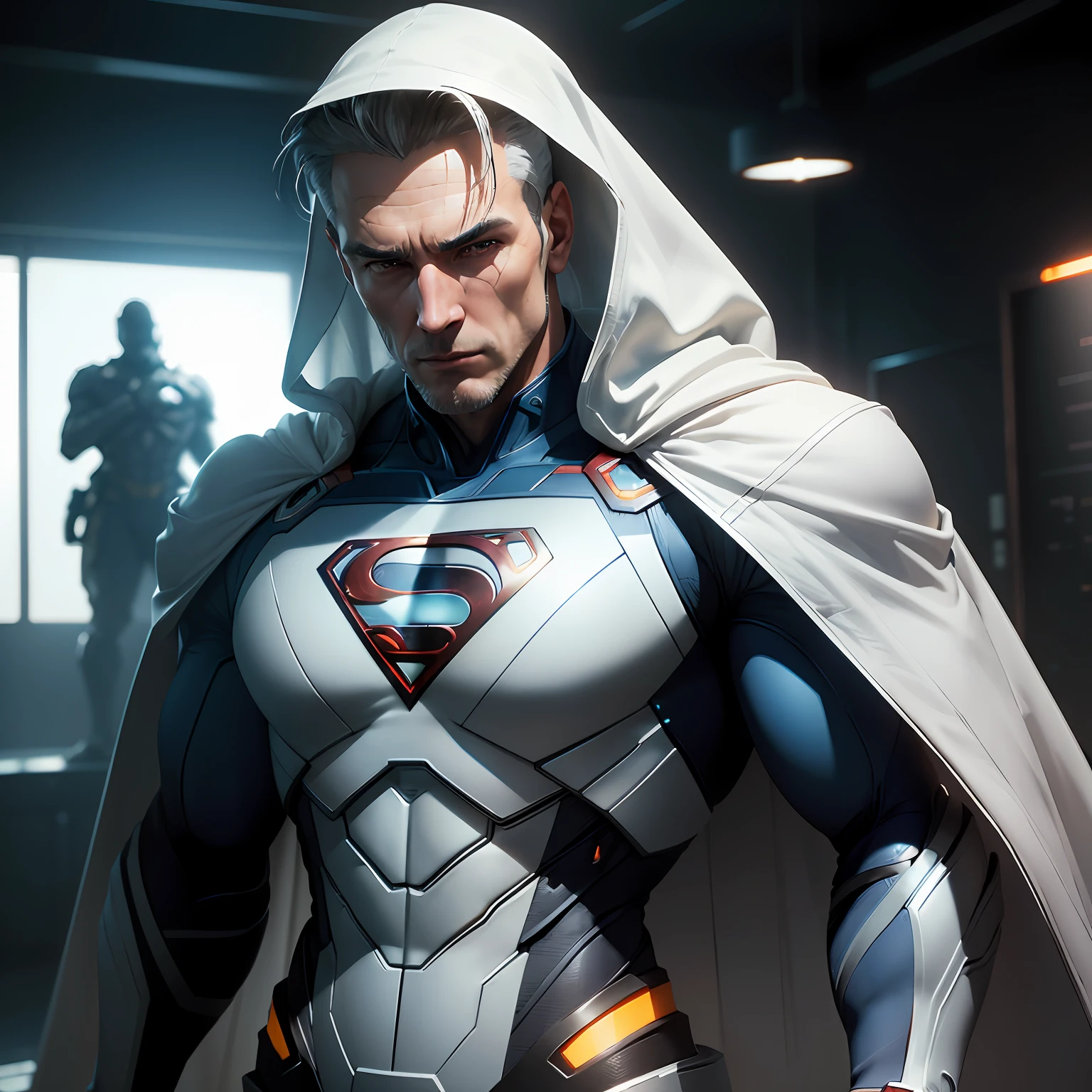 (BeA Beautiful men, Superman Cybernetic Figure, HDR (High Dynamic Range), Ray Tracing, NVIDIA RTX, Super-Resolution, Unreal 5, Subsurface Scattering, PBR Textures, Post Processing, Anisotropic Filtering, Depth of Field, Maximum Sharpness and Sharpness, Multi-layer Textures, Albedo and Highlight Maps, Surface Shading, Accurate simulation of light-material interactions, perfect proportions, Octane Render, two-color light, large aperture, low ISO, white balance, rule of thirds, 8K RAW, Full White costume,cape red.