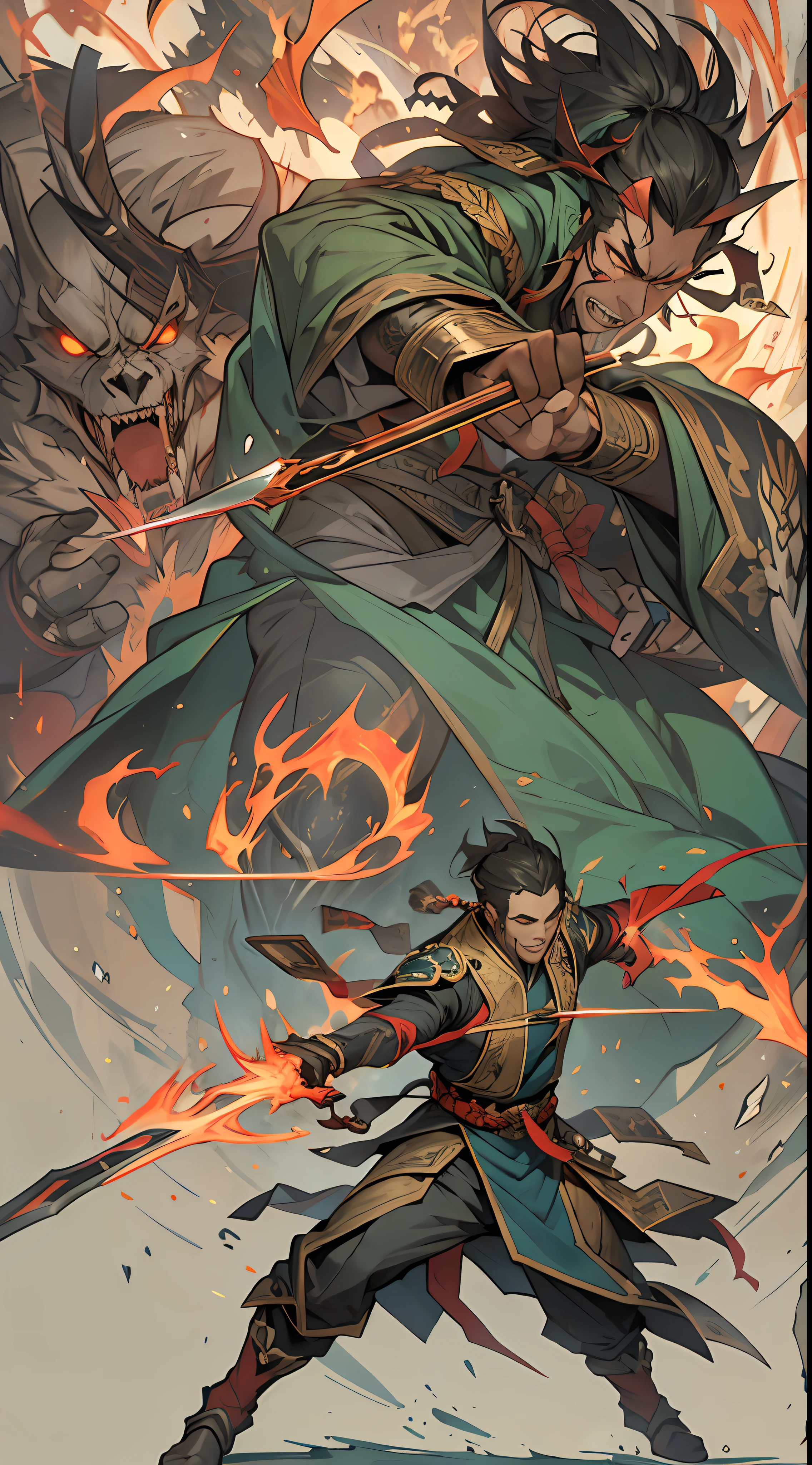 Li Gu demonstrates his terrifying power in the battle, defeating the forces of the Ten Thousand Demon League and the Unity Sect, Li Gu moves like lightning, wielding his weapon with destructive attacks, soldiers of the Ten Thousand Demon League and the Unity Sect are fragile in front of him, unable to withstand his terrifying power, , 32k, best quality, masterpiece, super detail, high details