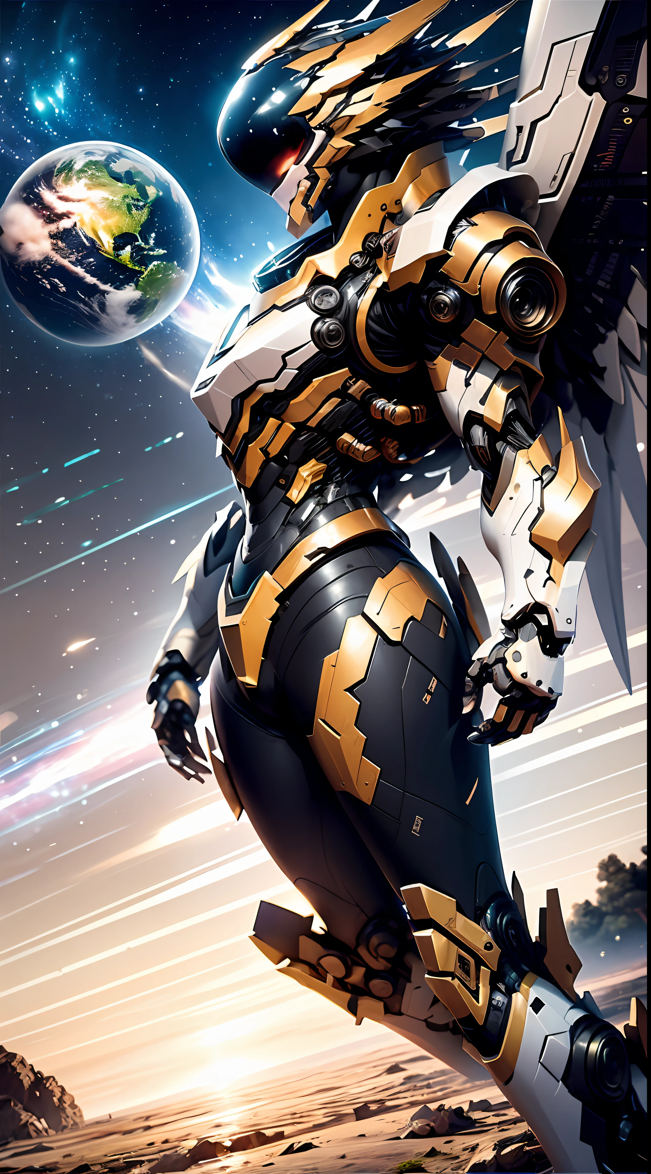 (Masterpiece, Best quality, Mechanical, Realistic, 8K wallpaper, Ultra-high resolution), (giant robots: 1.3) Facing the audience, Sparkling eyes, Whole body, (flight, dive, Dynamic, Motion blur: 1.4), (giant mechanical wings: 1.6), Head up, Sparkling, Mechanical, panoramic, The background is the Earth, Starcloud, space, Particle, reality, hdr (HighDynamicRange), Perfectcomposition,
