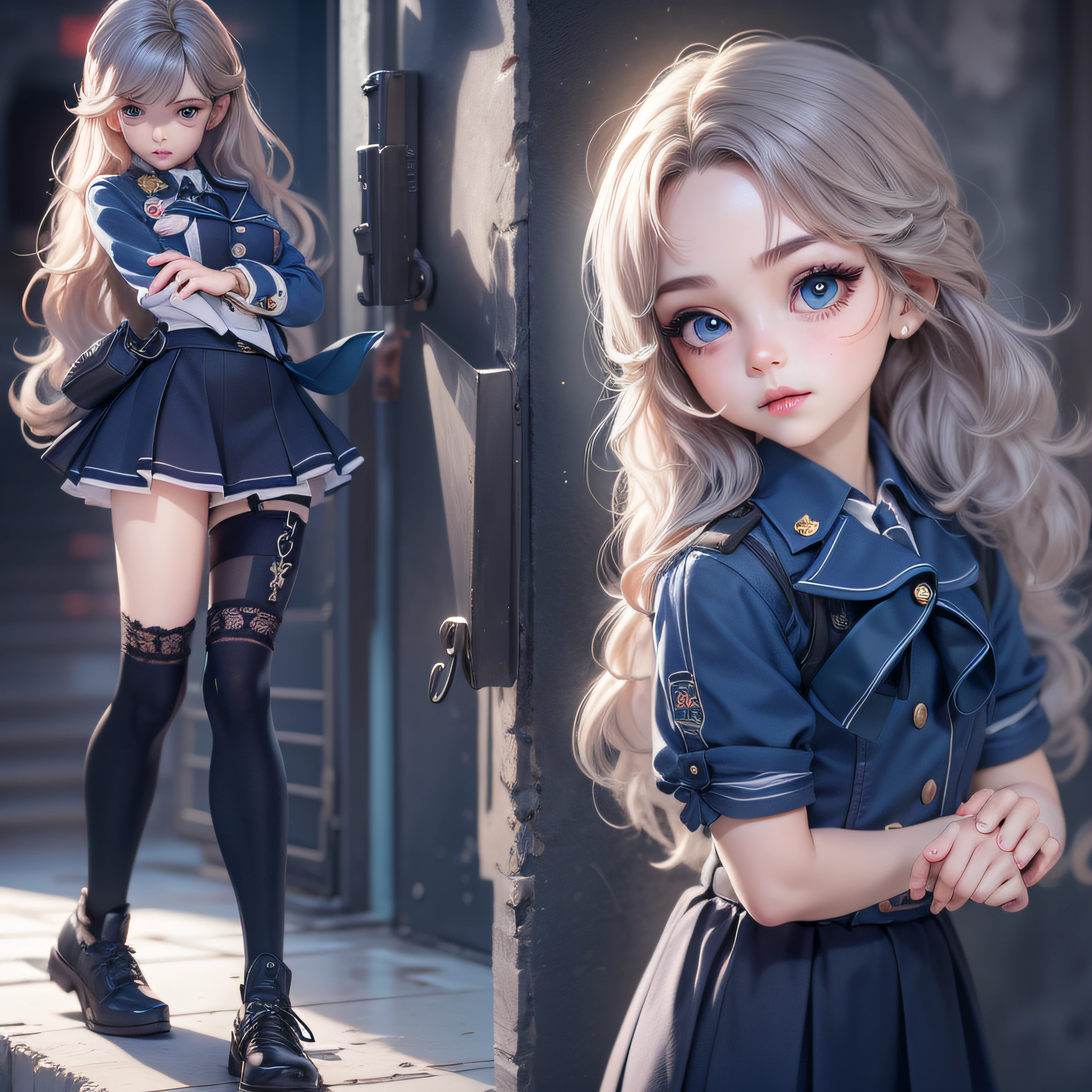((Top Quality, 8k, Masterpiece: 1.3)), little girl, uniform, dark blue skirt, ultra-detailed face, detailed lips, detailed eyes