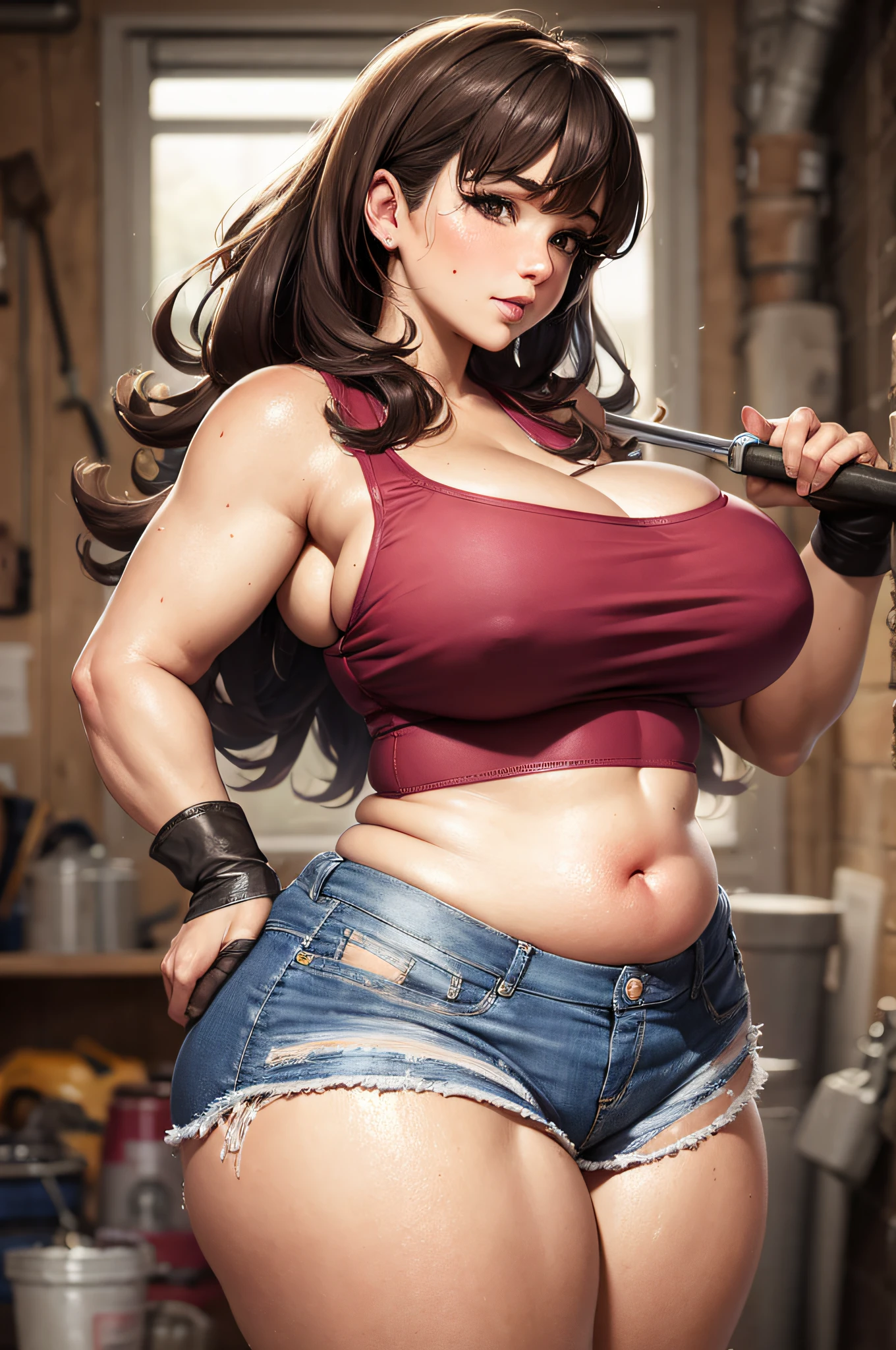 Massive Chubby Brunette voluptuous woman dressed as a mechanic working on a vulcanizer with wide hips and with a tiny jean shorts dirty with grease, dynamic lighting, big Ass, big thigs, big tits, mom, milf, pawg