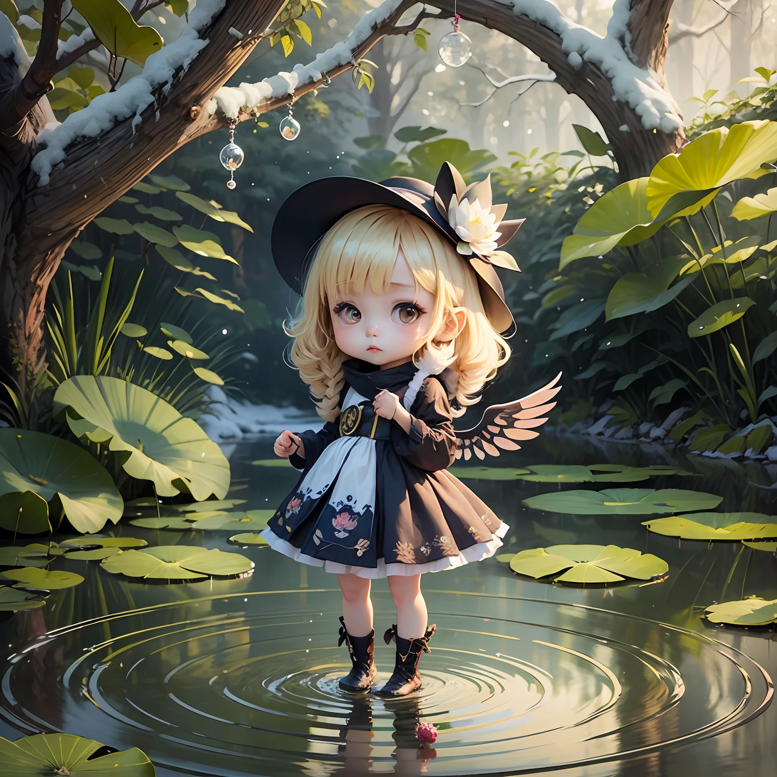 Summer lotus by the lotus pond,A girl in a colorful hat and dress,There are pairs of wings on the back,chibi girl, in dresses,Lori,Kawaii chibi,Inspired by Lyckey,Chibi Art,inspired by Tawaraya Sōtatsu,Inspired by Yundu Snow,inspired by Wang Lü --auto --s2