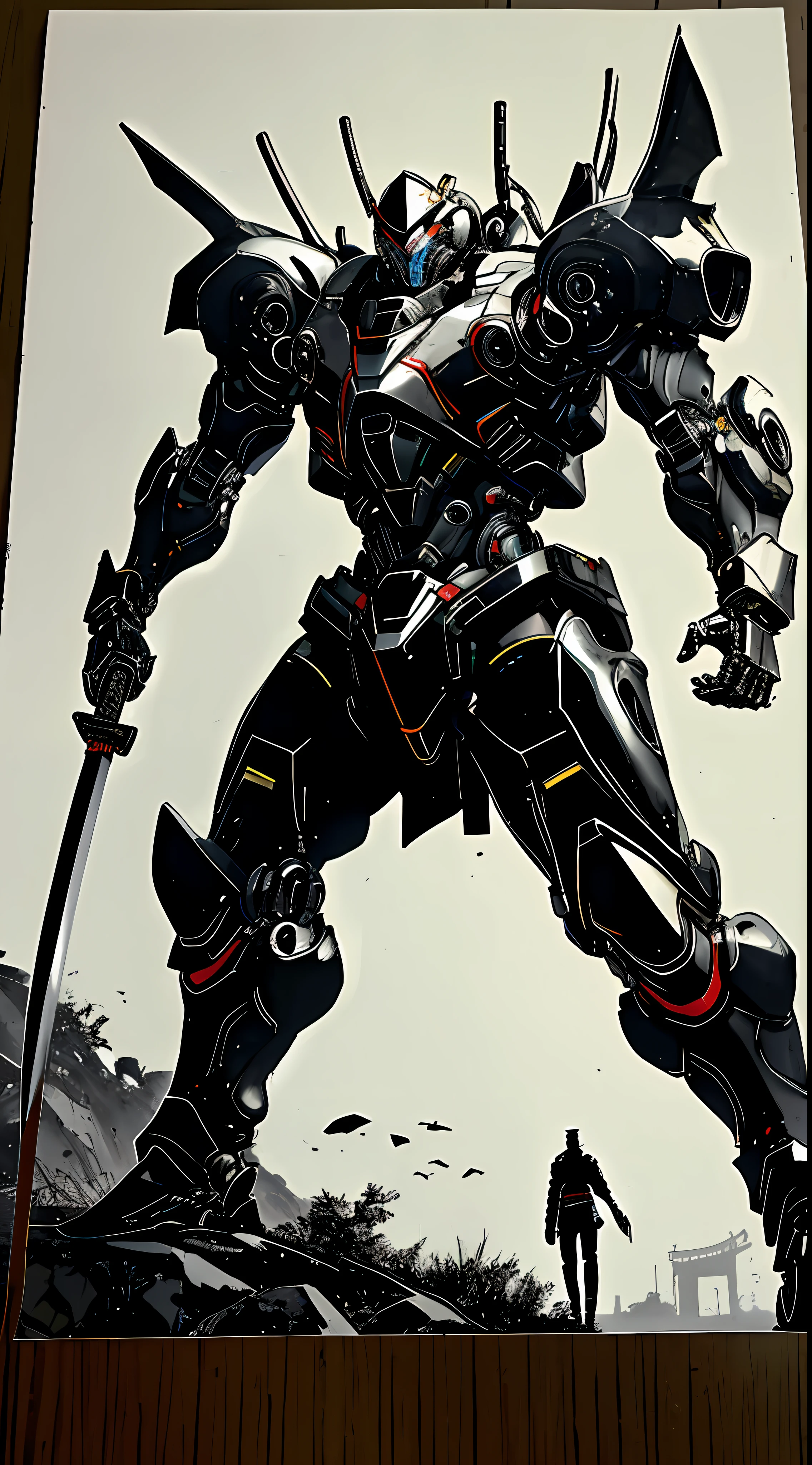 ((black and white line art)),1人, Ghost masks, dynamicposes, Cybernetic samurai armor, Robotic arm, scientific fiction, A glowing mech, Traditional Japanese style,Katana in hand,Combat posture,Negative space,动态照明,清晰的线条,hight contrast,hoang lap,best qualtiy,Negative space,urban backdrop,Perfectcomposition,Chiaroscuro composition