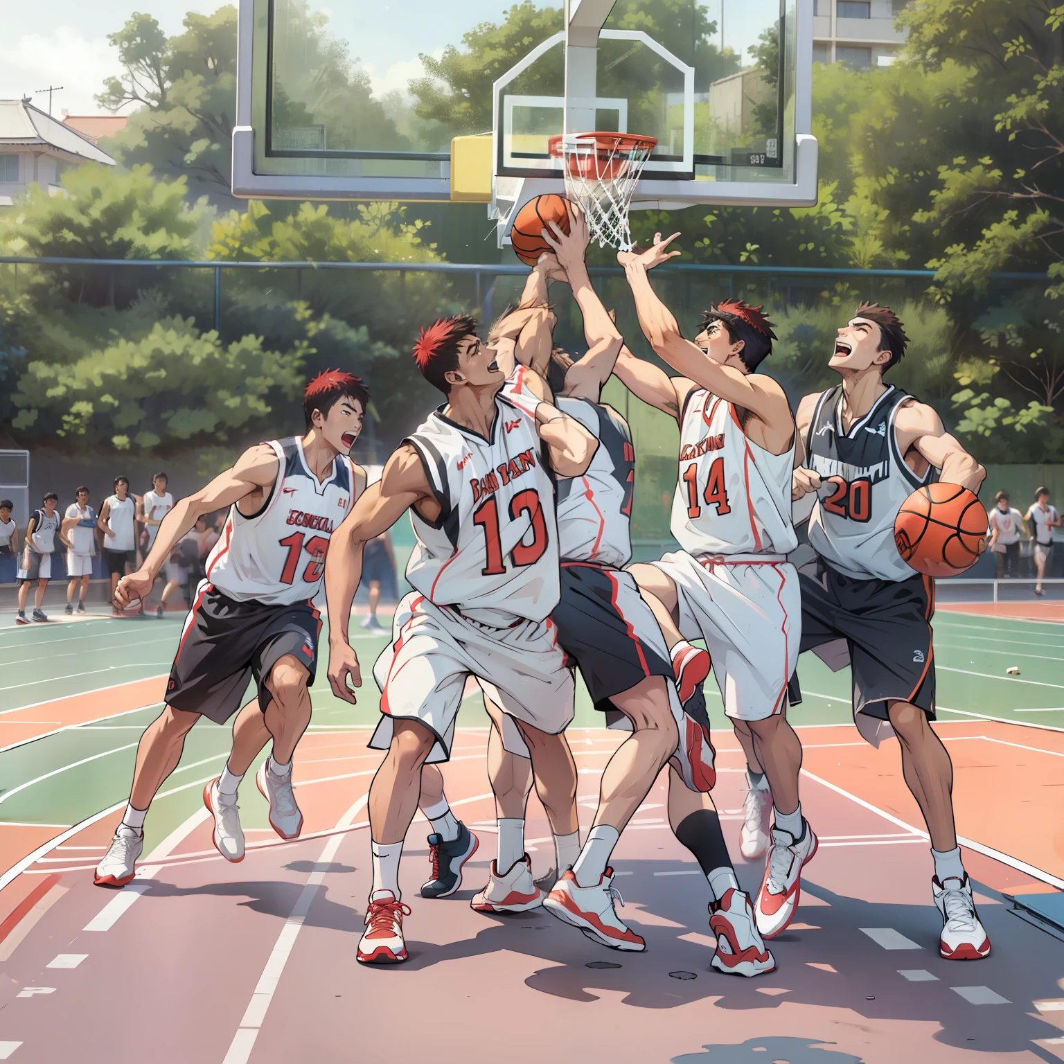 wearing basketball jersey,basketball, full team, wearing track and field suit, opening shot, jinyiwei, Extremely quality, Playing basketball, nanquan, everyone having fun，Like a slam dunk