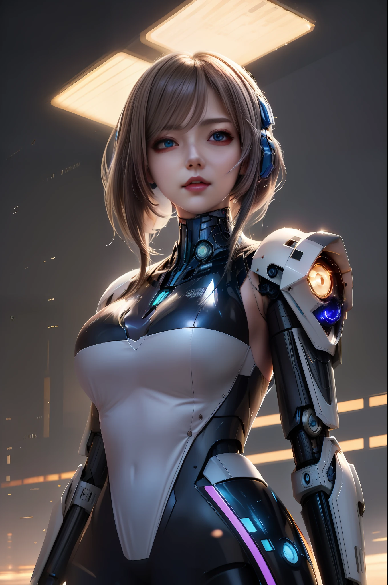 A woman in a futuristic suit，Big, Biomechanical OPPAI, an oppai cyberpunk, perfect android girl, girl in mecha cyber armor, gynoid body, Cute cyborg girl, cyberpunk anime girl mech, perfect anime cyborg woman, gynoid cyborg body, female mecha, biblical female android, perfect cyborg female