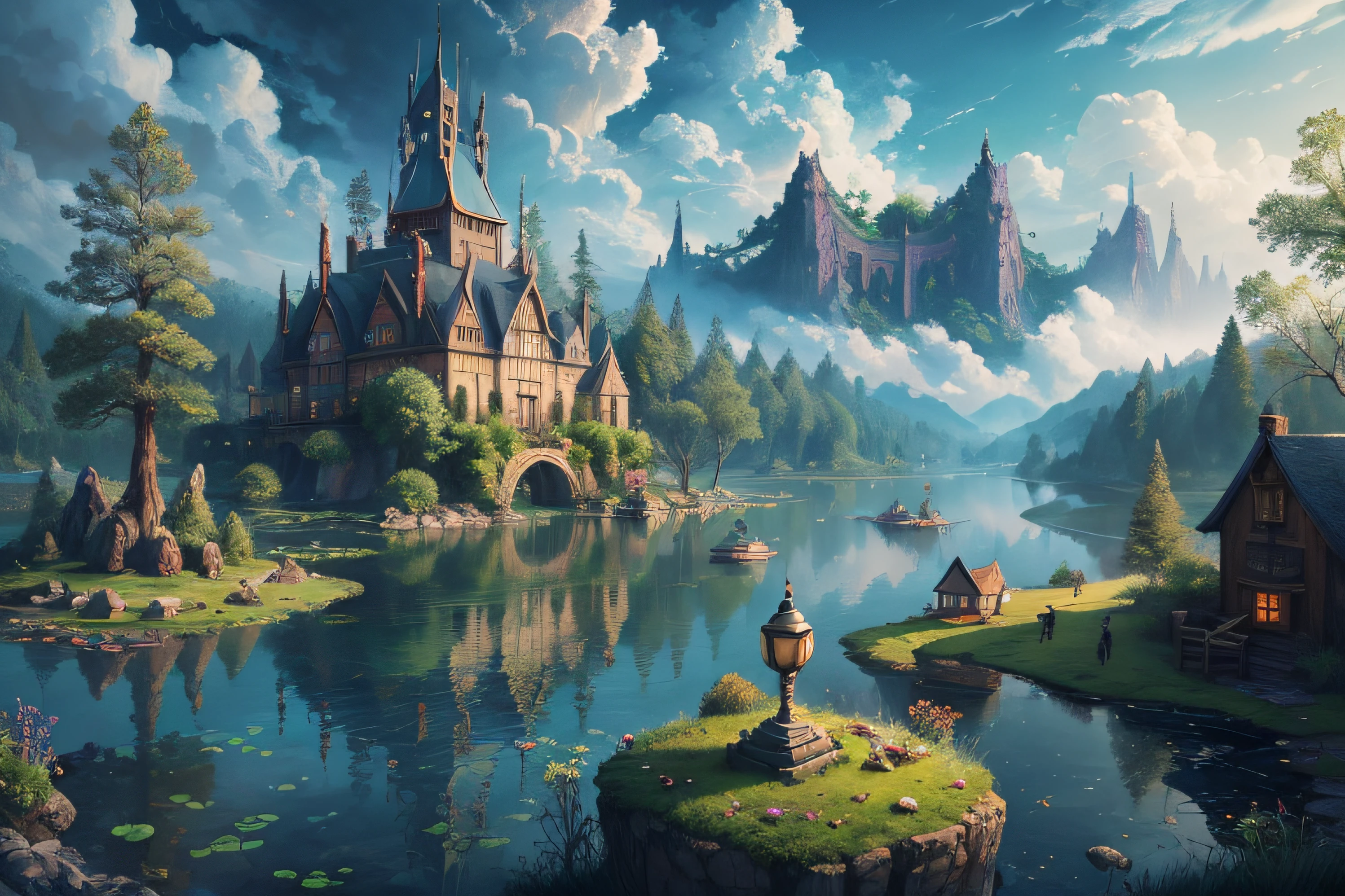 Elf Kingdom, house full of design, forest, lake, sky, clouds, fantasy incredible, supersaturated, surreal, Pixar style, high resolution, artgerm, masterpiece, super detailed, epic composition, high quality, highest quality, 16k