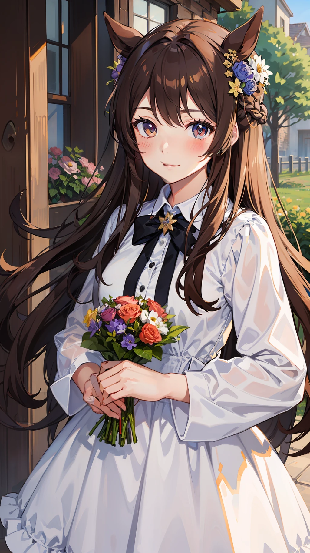a picture of a girl dressed in anime clothes standing outdoors with flowers in the background, 1girl, solo, flower, Medium long hair, smile, blush, horse girl, outdoors, dress, brown hair, closed mouth, looking at viewer, No sleeve, white dress, hair ornament