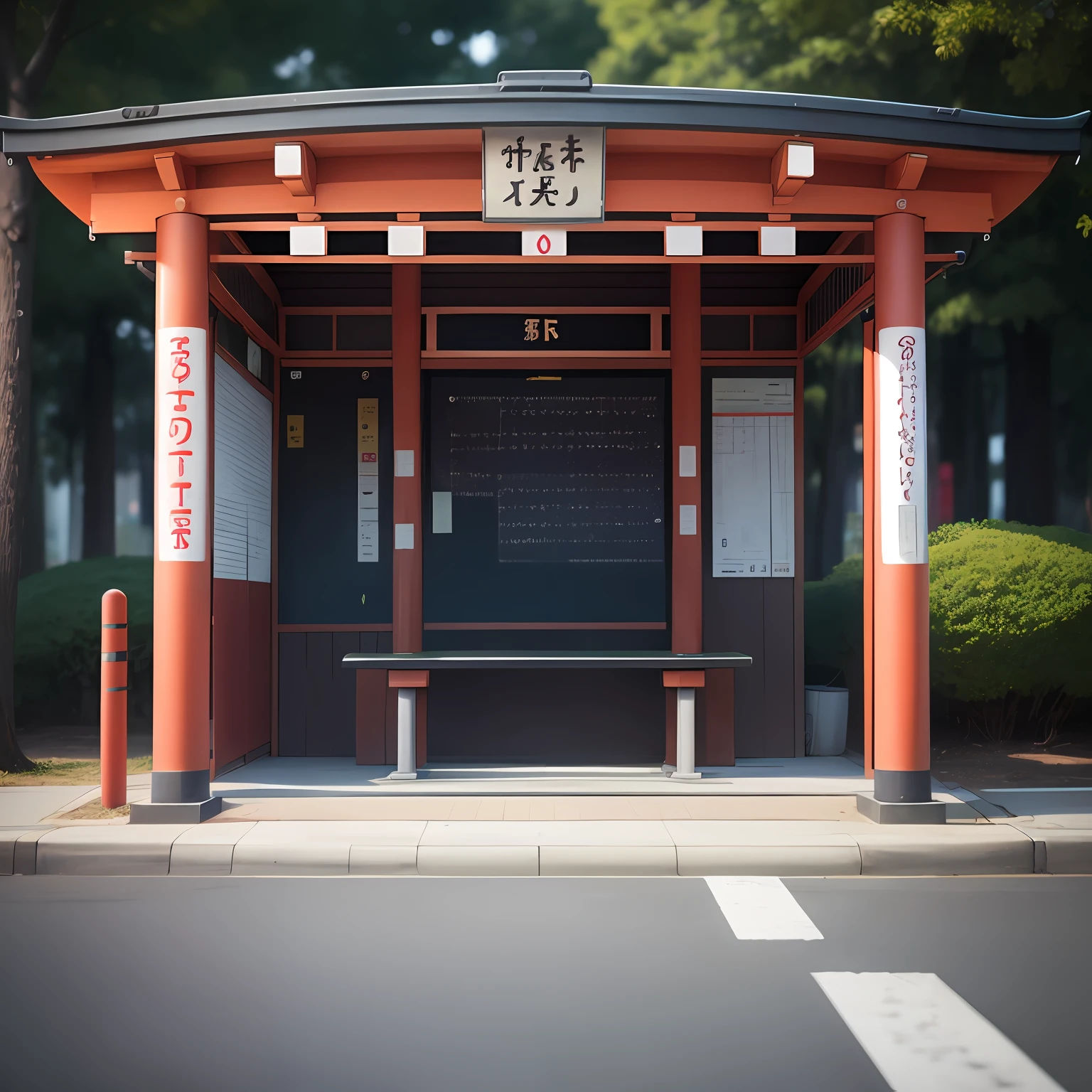 Design a complete bus stop with Japanese torii as an element,Perfect quality,Clear focus, (tmasterpiece:1.2) (realisticlying:1.2) (bokeh) (best qualtiy) (detailedskin:1.3) (complexdetails) (8K) --auto