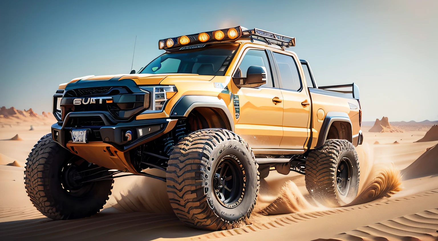 truck trucked rally big tires, para andar em dunas de areia no deserto do saara com sol brilhante 8k --auto