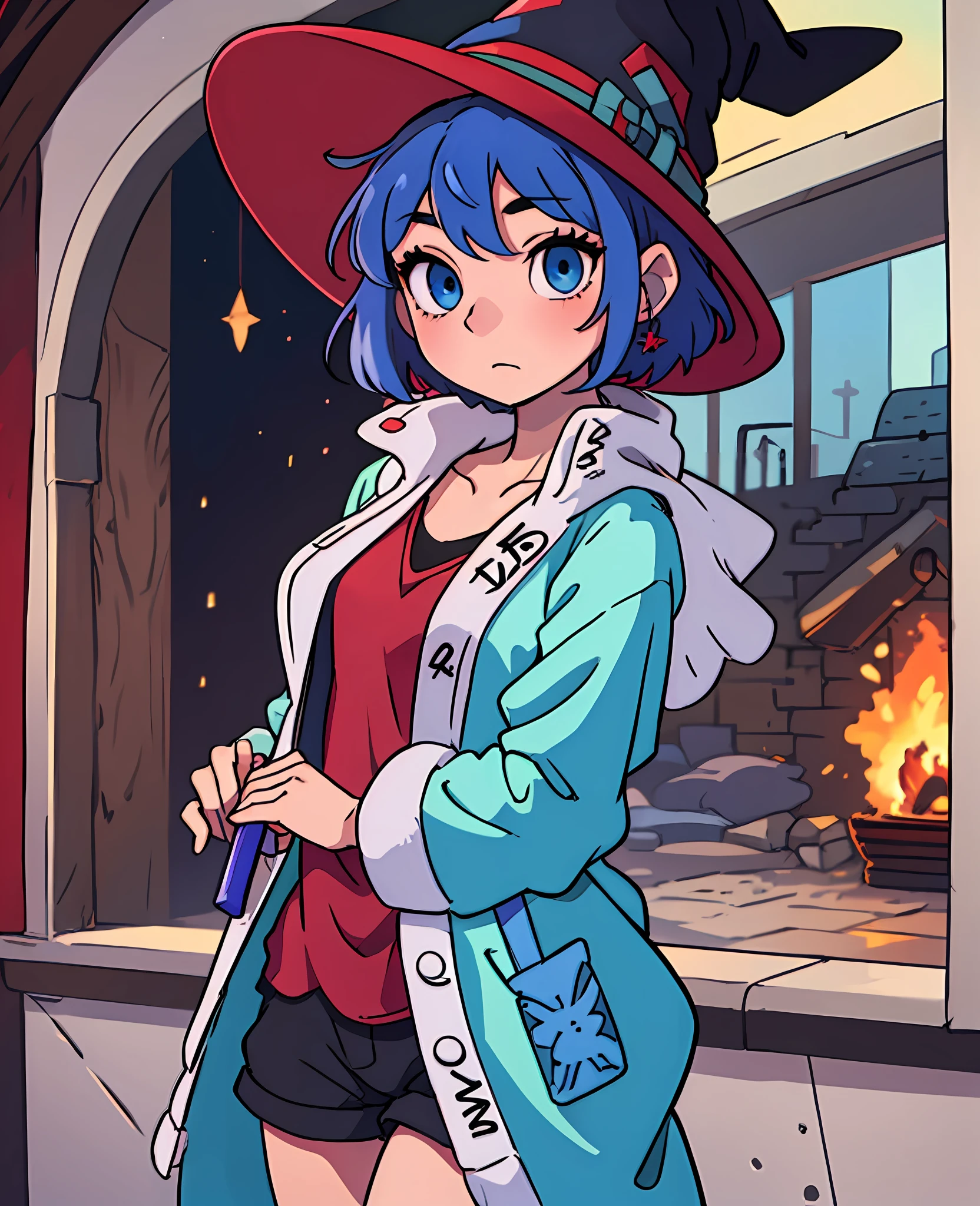 Anime, girl, short blue hair, blue eyes, small slim body, witch hat, wearing a social shirt, and red tie, dressing gown, black shorts, a wand in hand --auto --s2