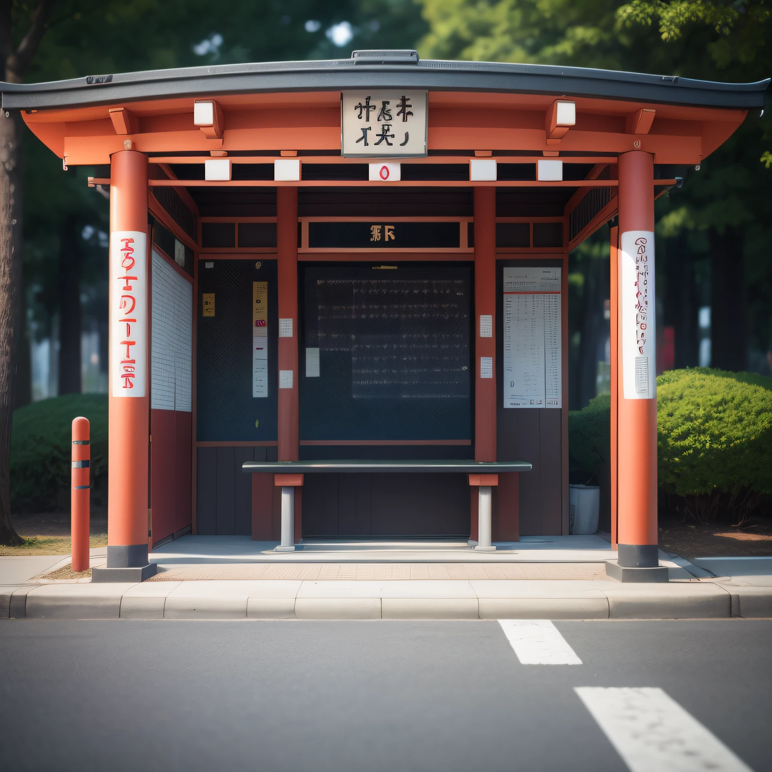 Design a complete bus stop with Japanese torii as an element，Perfect quality，Clear focus， （tmasterpiece：1.2） （realisticlying：1.2） （bokeh） （best qualtiy） （detailedskin：1.3） （complexdetails） （8K） --auto