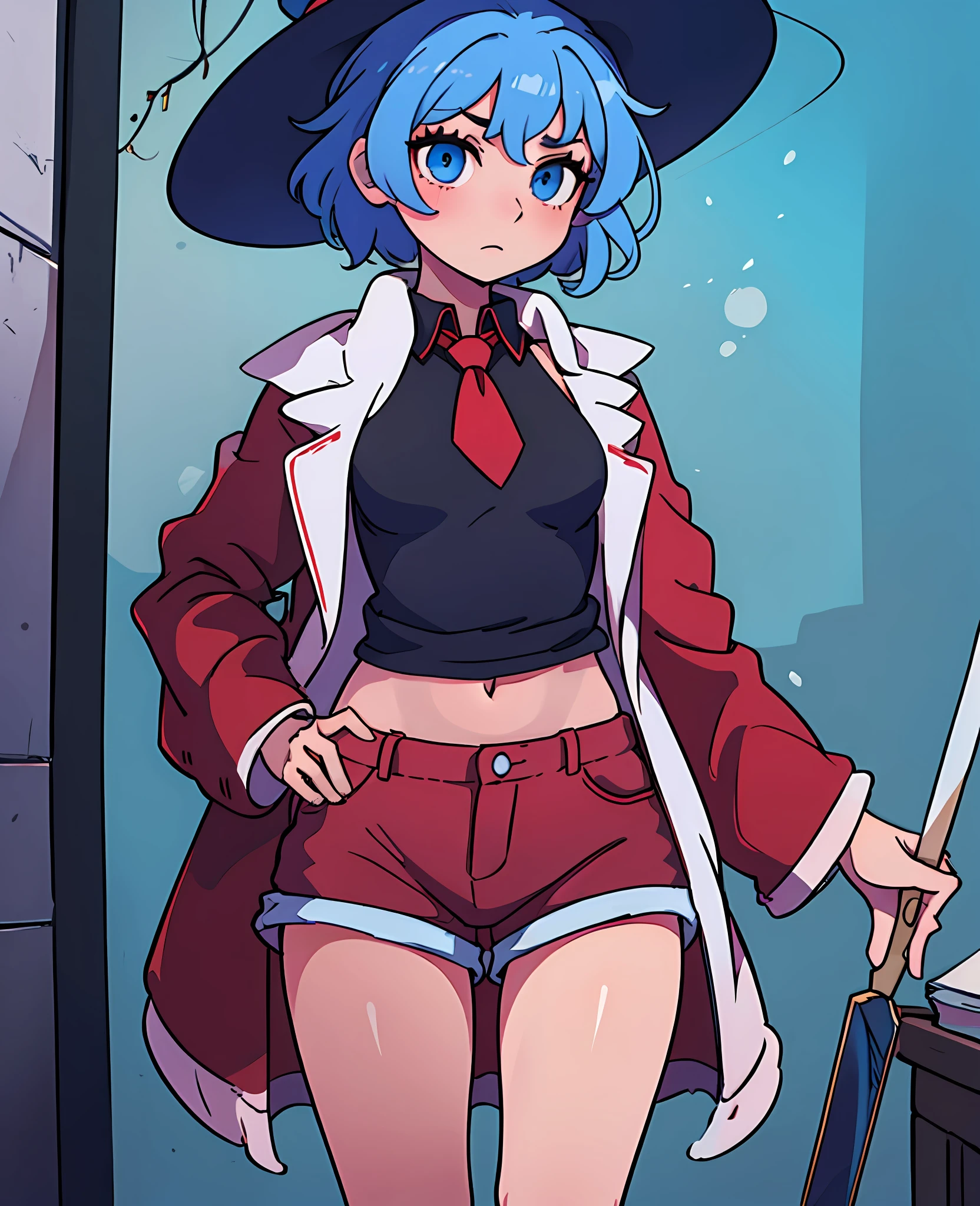 Anime, girl, short blue hair, blue eyes, small slim body, witch hat, wearing a social shirt, and red tie, dressing gown, black shorts, a wand in hand --auto --s2