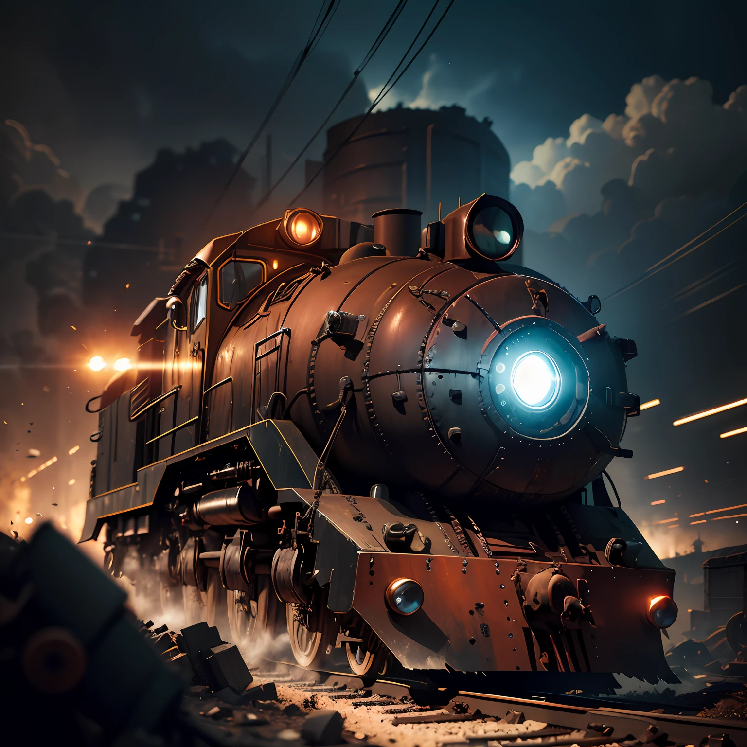 There is a train on the tracks at night, 4k highly detailed digital art, author：Ludwik Konarzewski Jr, 8K stunning artwork, author：Ludvik Konazevsky, gorgeous 3d render, Rolands Zilvinskis 3D rendering art, stylized 3d render, 3d render trending on artstation