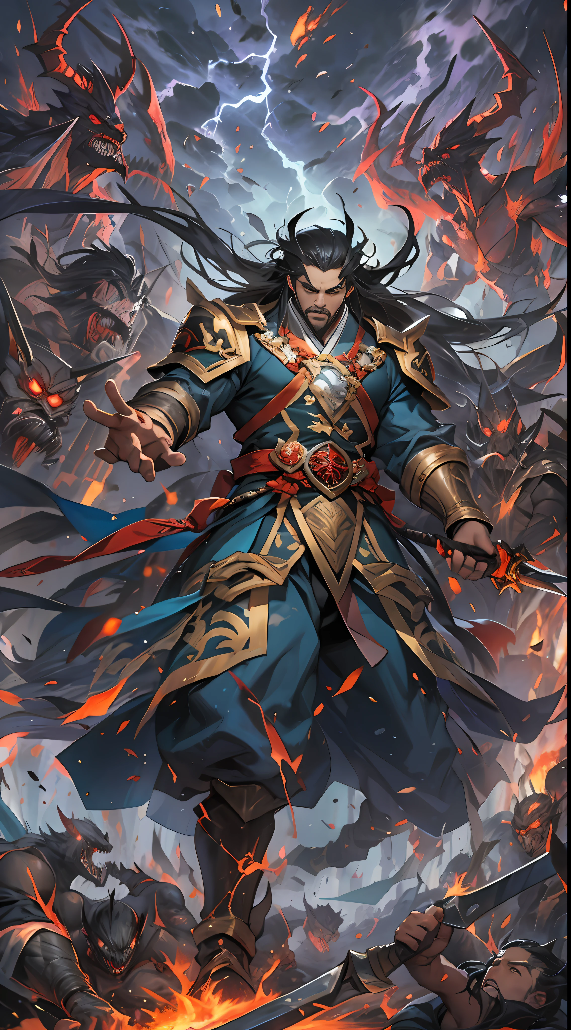 Li Gu demonstrates his terrifying power in the battle, defeating the forces of the Ten Thousand Demon League and the Unity Sect, Li Gu moves like lightning, wielding his weapon with destructive attacks, soldiers of the Ten Thousand Demon League and the Unity Sect are fragile in front of him, unable to withstand his terrifying power, , 32k, best quality, masterpiece, super detail, high details