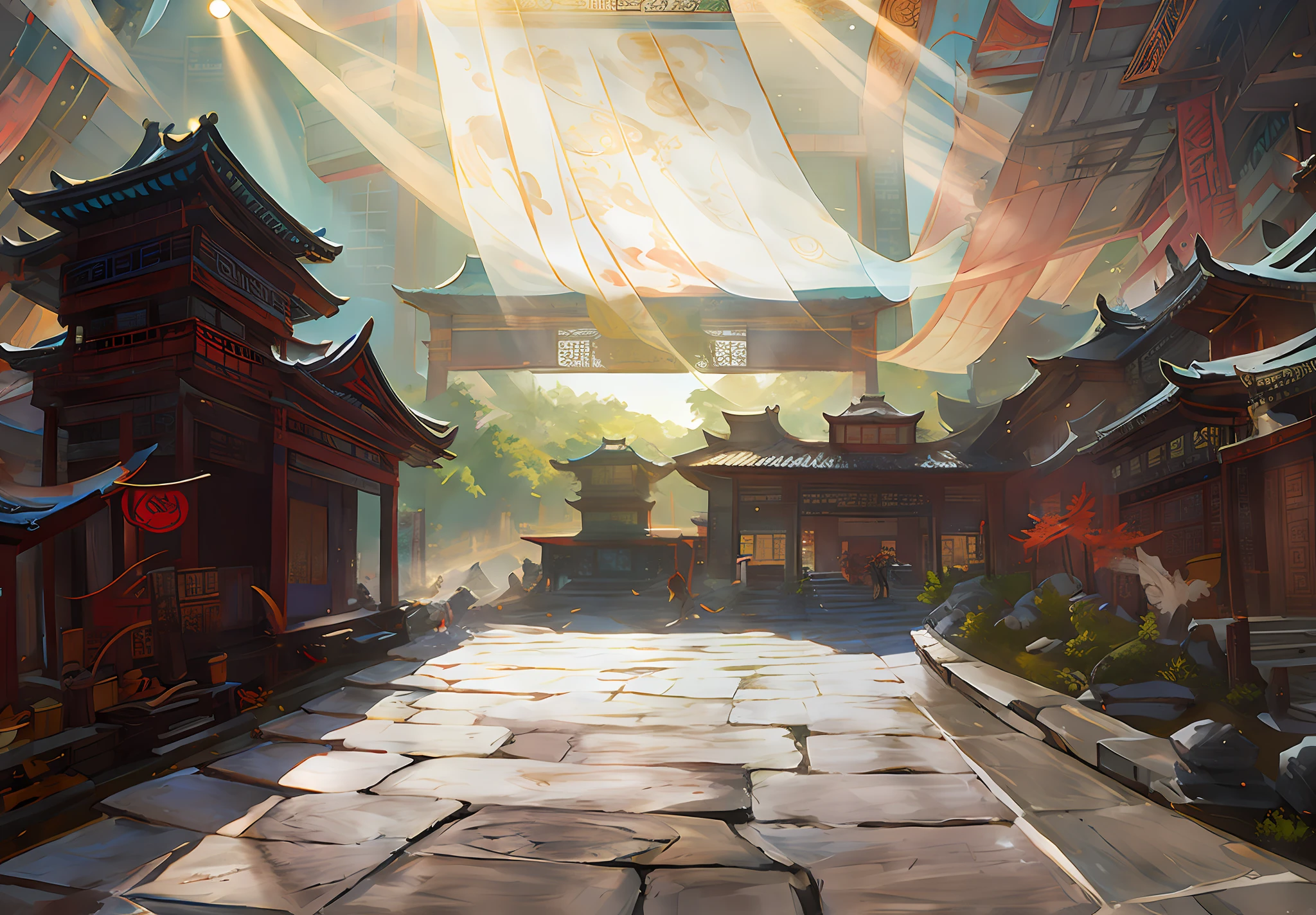 There are streets with fences and buildings in the landscape，An interior space，The theme is about the ancient Chinese goddess Mazu and Fujian marine culture，The wall on the right is a projection screen，On the left are part of the ancient building structure and part of the projection building screen，In the distance is a large LED screen，Inside is a picture of Zheng He's big ship sailing on the sea，immersed，An ancient Chinese painting， ancient chinese background， Pavilions， rays of sunshine， tmasterpiece， super detailing， Epic composition， hyper HD， high qulity， extremely detaile， offcial art， 统一 8k 壁纸， super detailing， 32k -- v 6