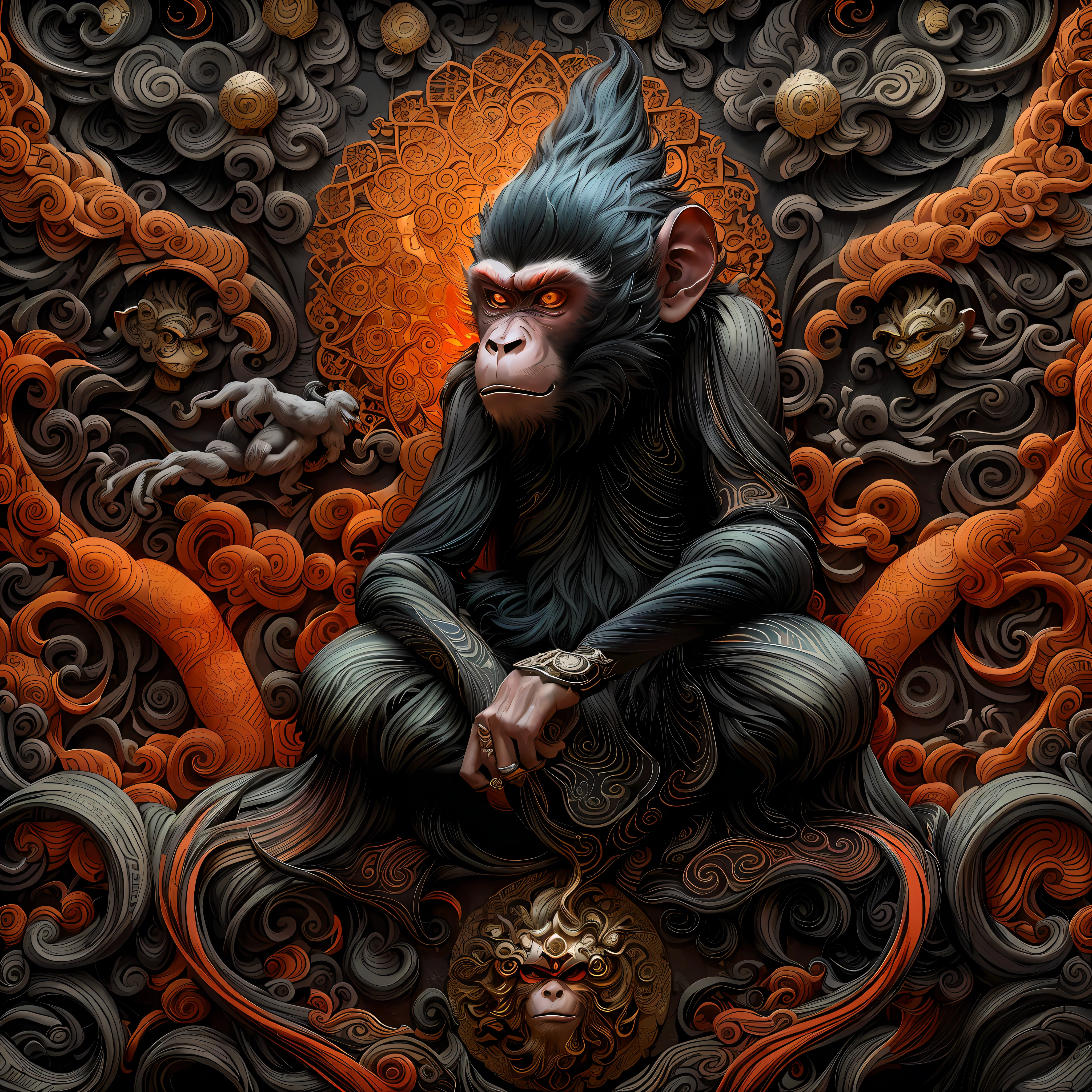 (Ultra-detailed digital drawing, tmasterpiece, highly quality), More quality tags, noir et orange, nuages de toutes sortes, paysage abstrait, toile en coton, flottant, angle dynamique, dramatic lighting, ombres vibrantes, puissantes contrastes, Details about each cloud, surmounted by a mysterious veil.